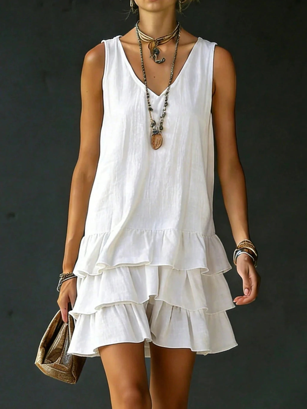 2026 Spring/Summer New V-Neck Ruffle Dress | Sleeveless Layered Short