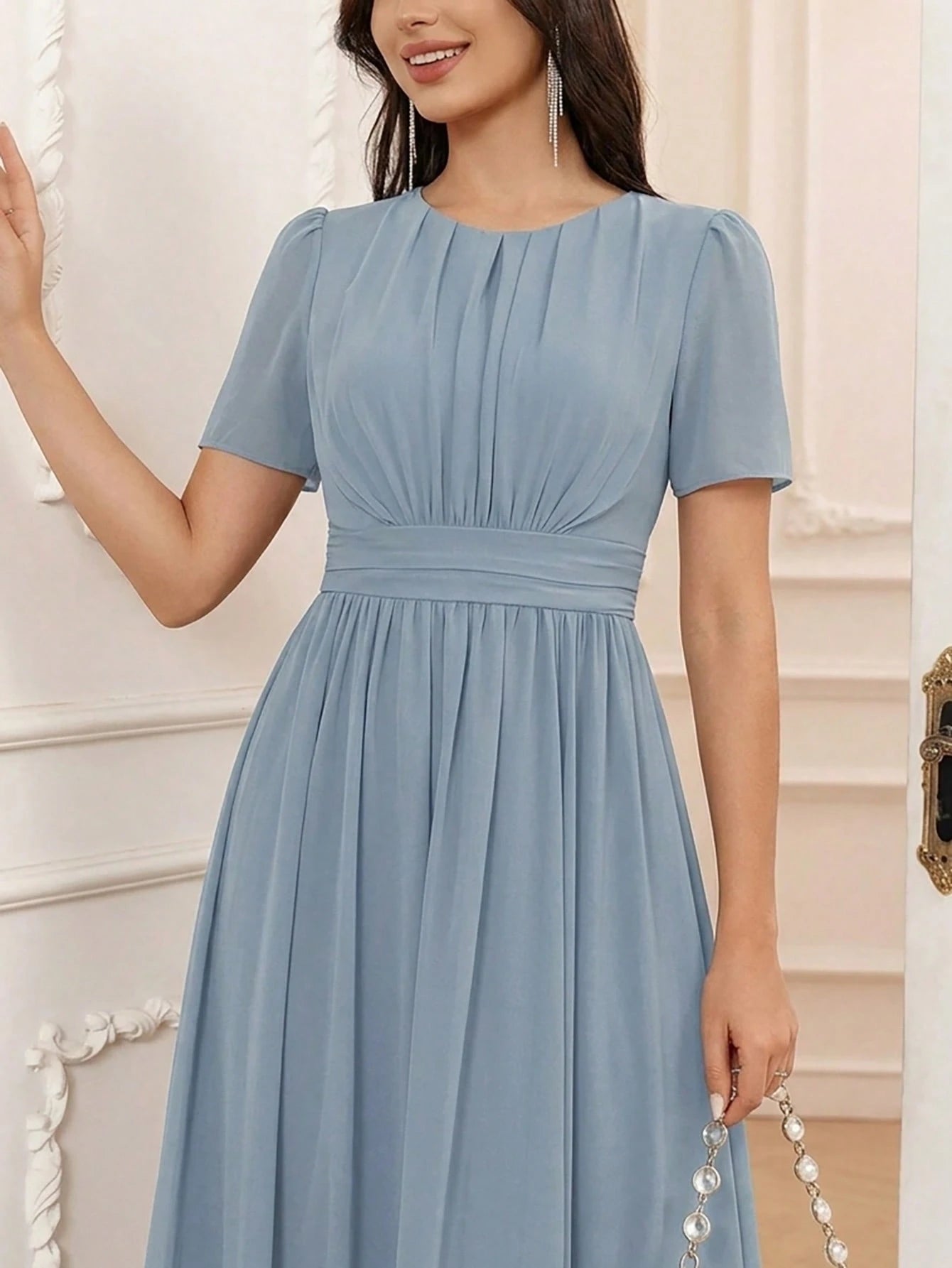 Volly Toych Elegant Chiffon Long Bridesmaid Dress, Short Regular Sleeves, Pleated Bust, Round Neck Design, - image 9