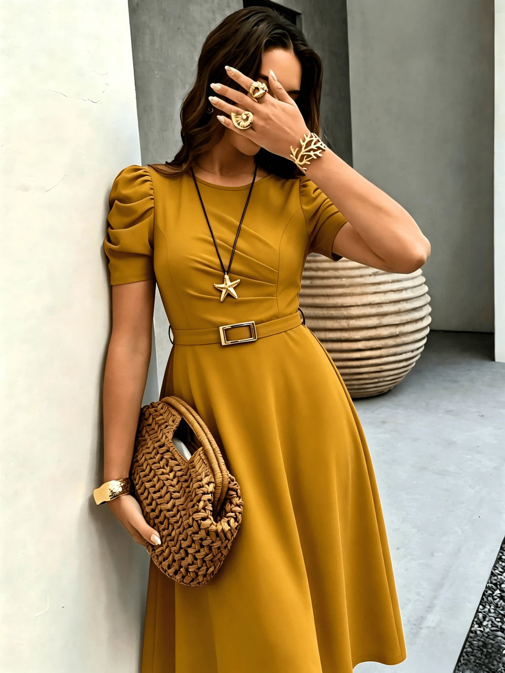 Red Elegant Belted Short Sleeve Midi Dress For Women Casual A Line
