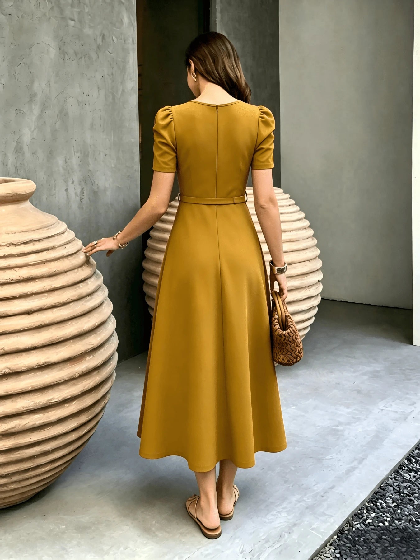 Red Elegant Belted Short Sleeve Midi Dress For Women Casual A Line Flare Skirt Spring Summer Daily Going Out - image 17