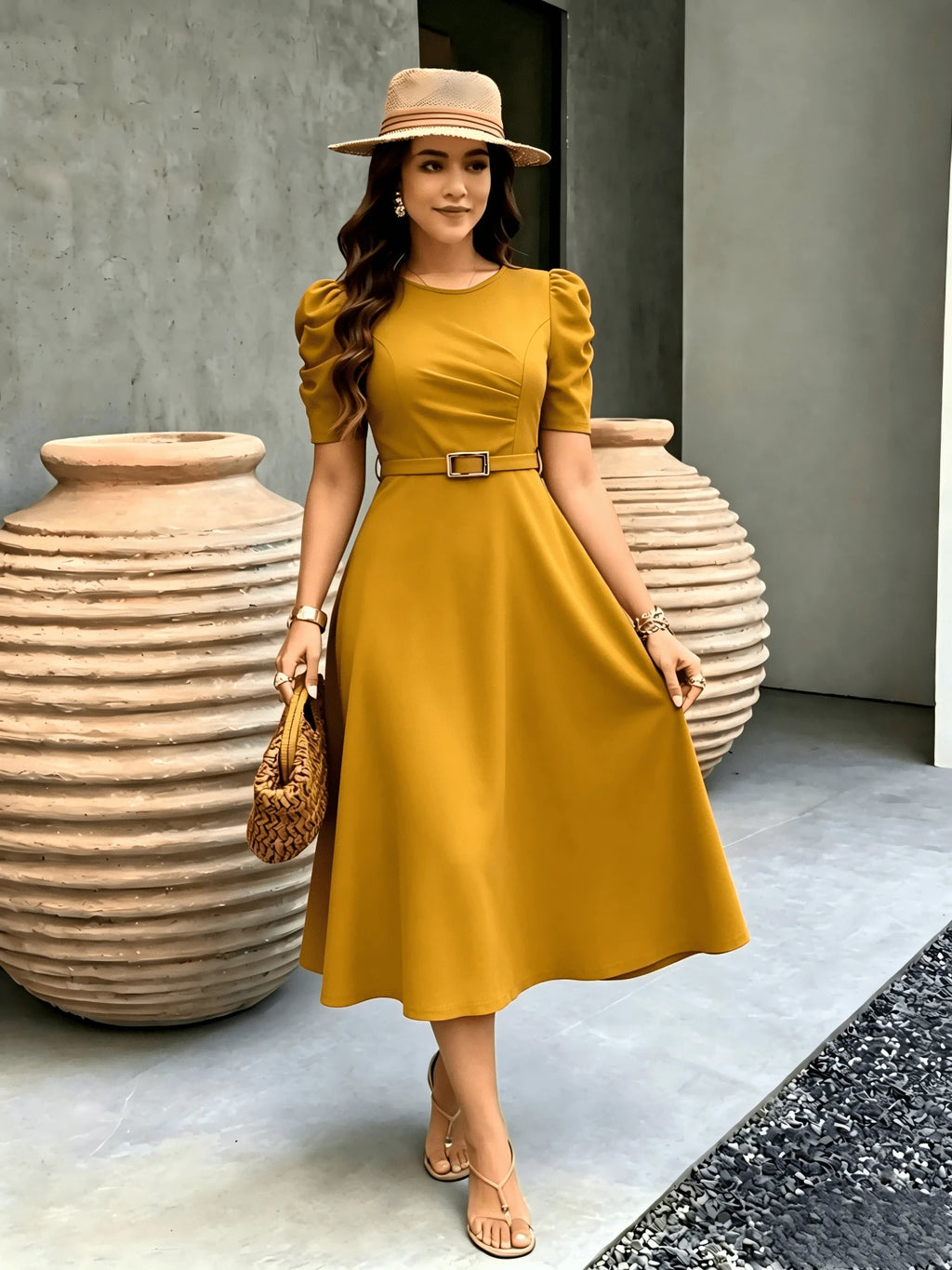 Red Elegant Belted Short Sleeve Midi Dress For Women Casual A Line