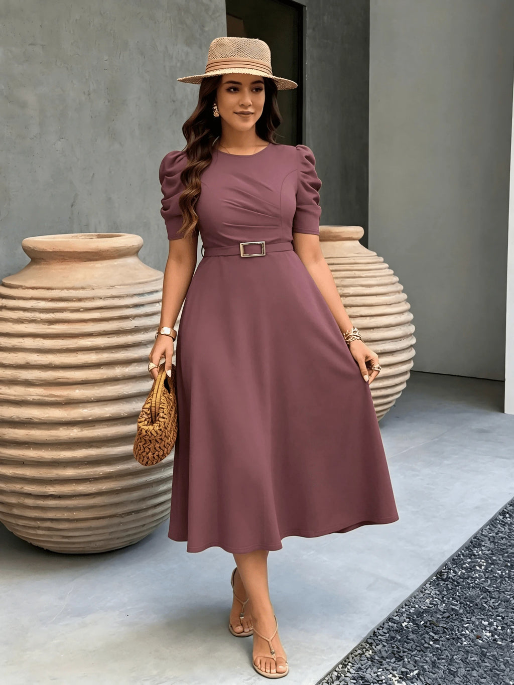Red Elegant Belted Short Sleeve Midi Dress For Women Casual A Line