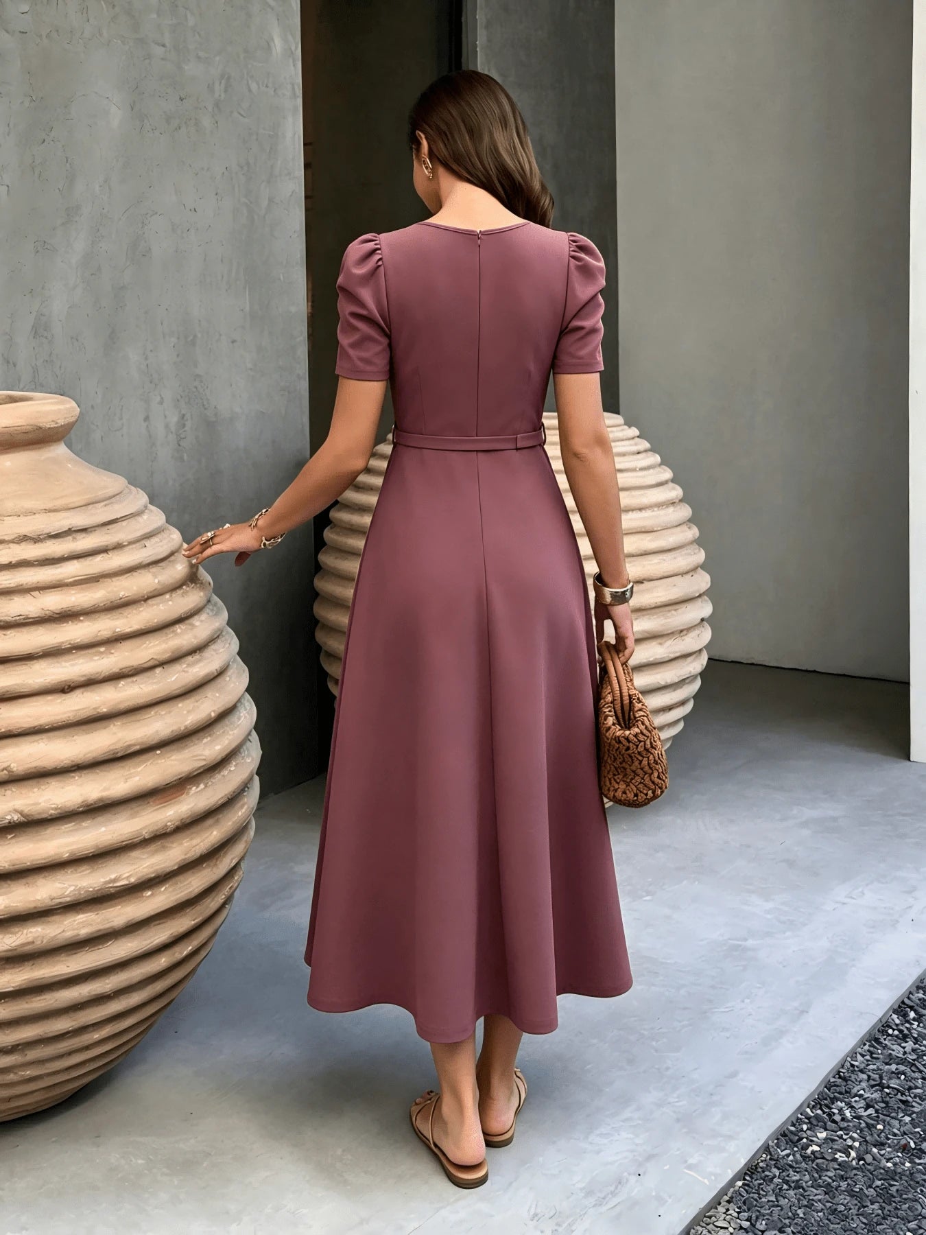 Red Elegant Belted Short Sleeve Midi Dress For Women Casual A Line