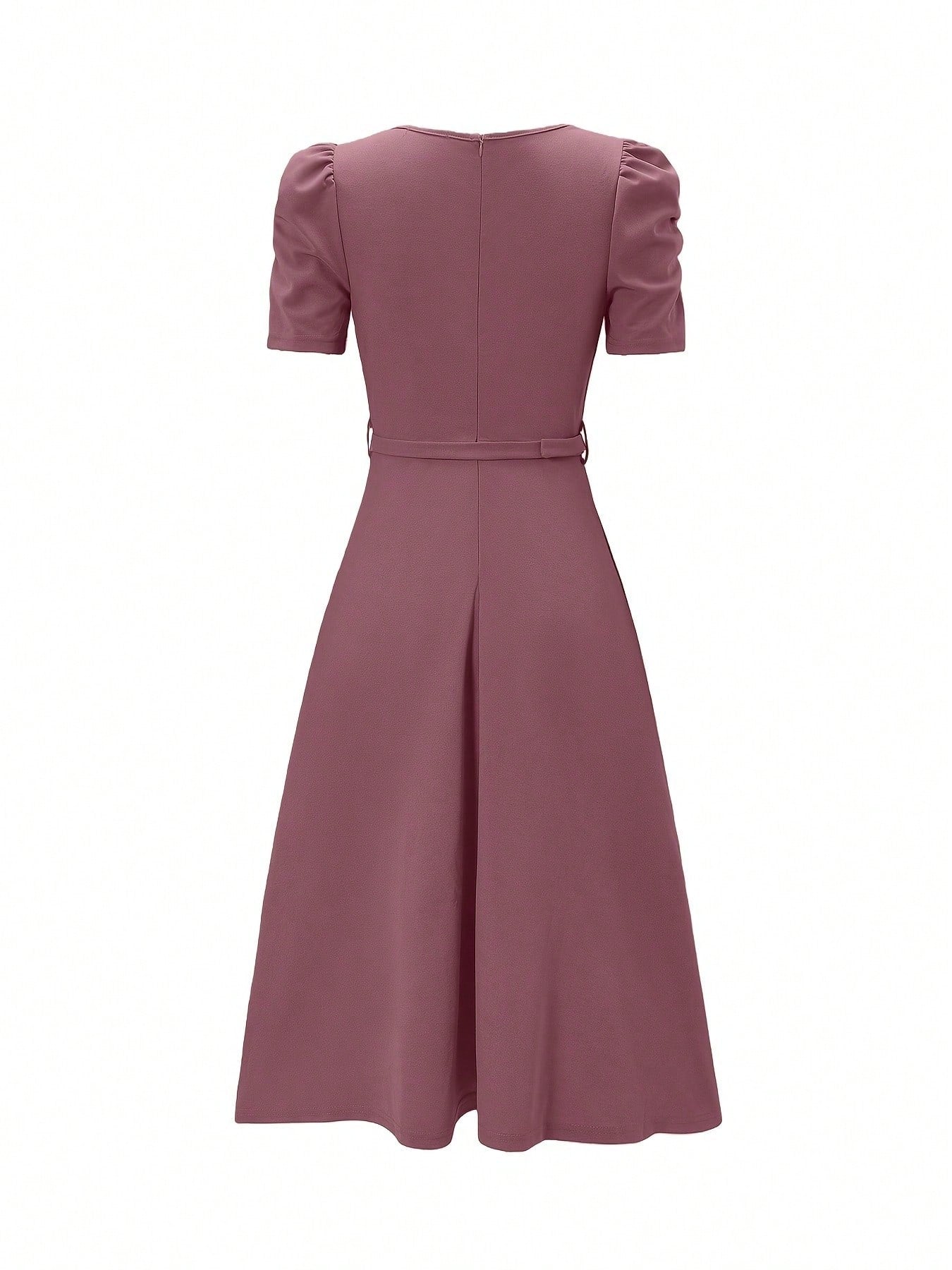 Red Elegant Belted Short Sleeve Midi Dress For Women Casual A Line