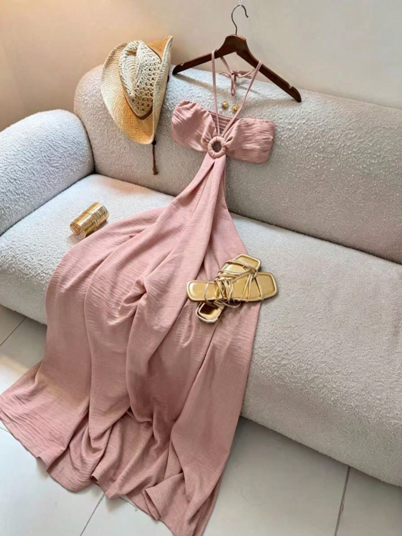 Women's Vacation Style Midi Dress, Print Backless Hollow Out