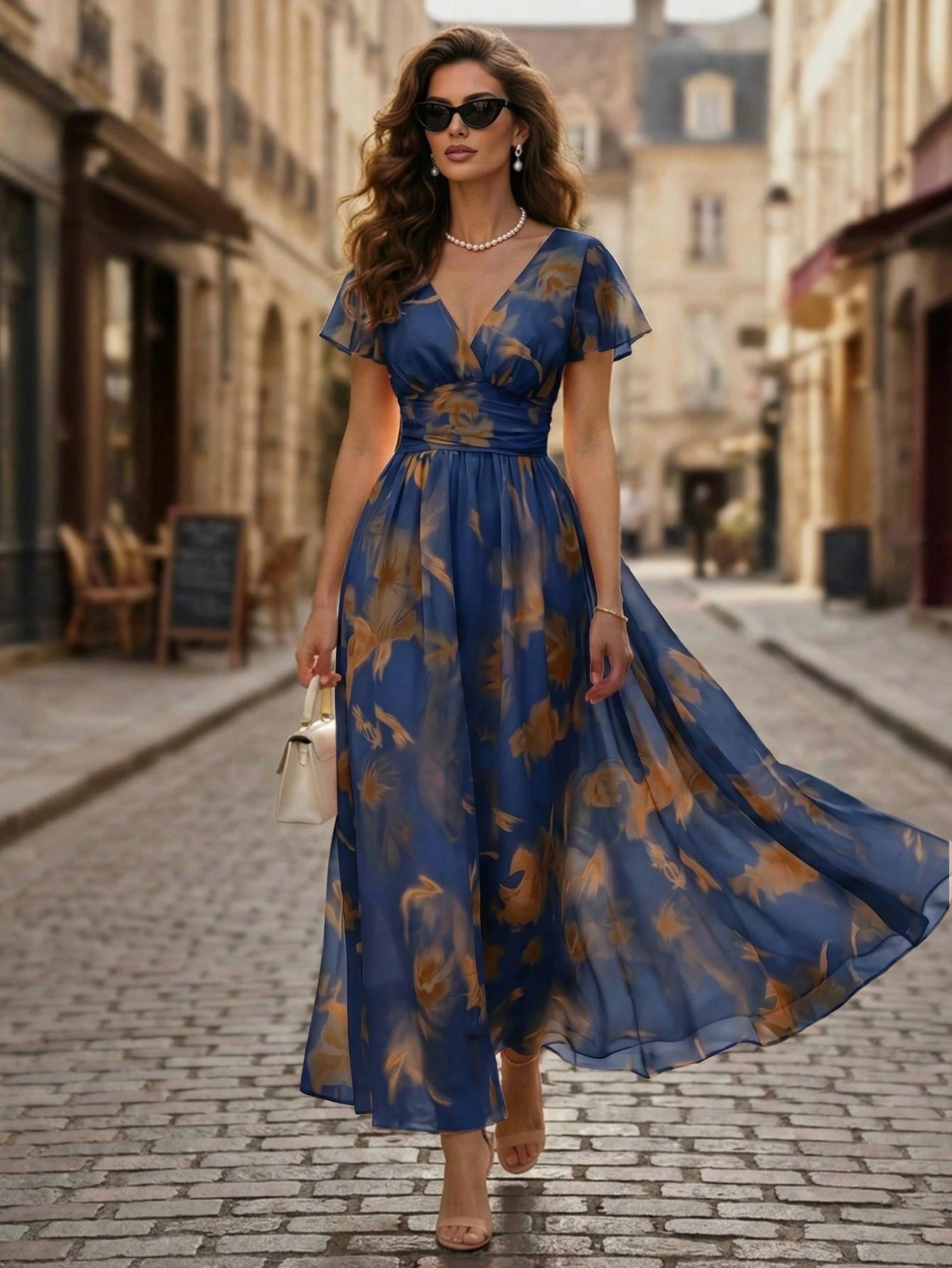 Balvessa V-Neck Elegant Ruffle Hem Floral Print Waist Cinched A-Line