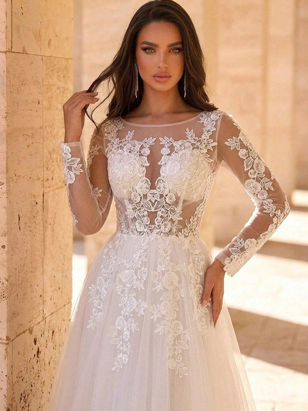 Glamrae Elegant Luxurious Romantic White V-Neck Sheer Long Sleeve French Lace Patchwork Mesh Ruched Decor - image 5