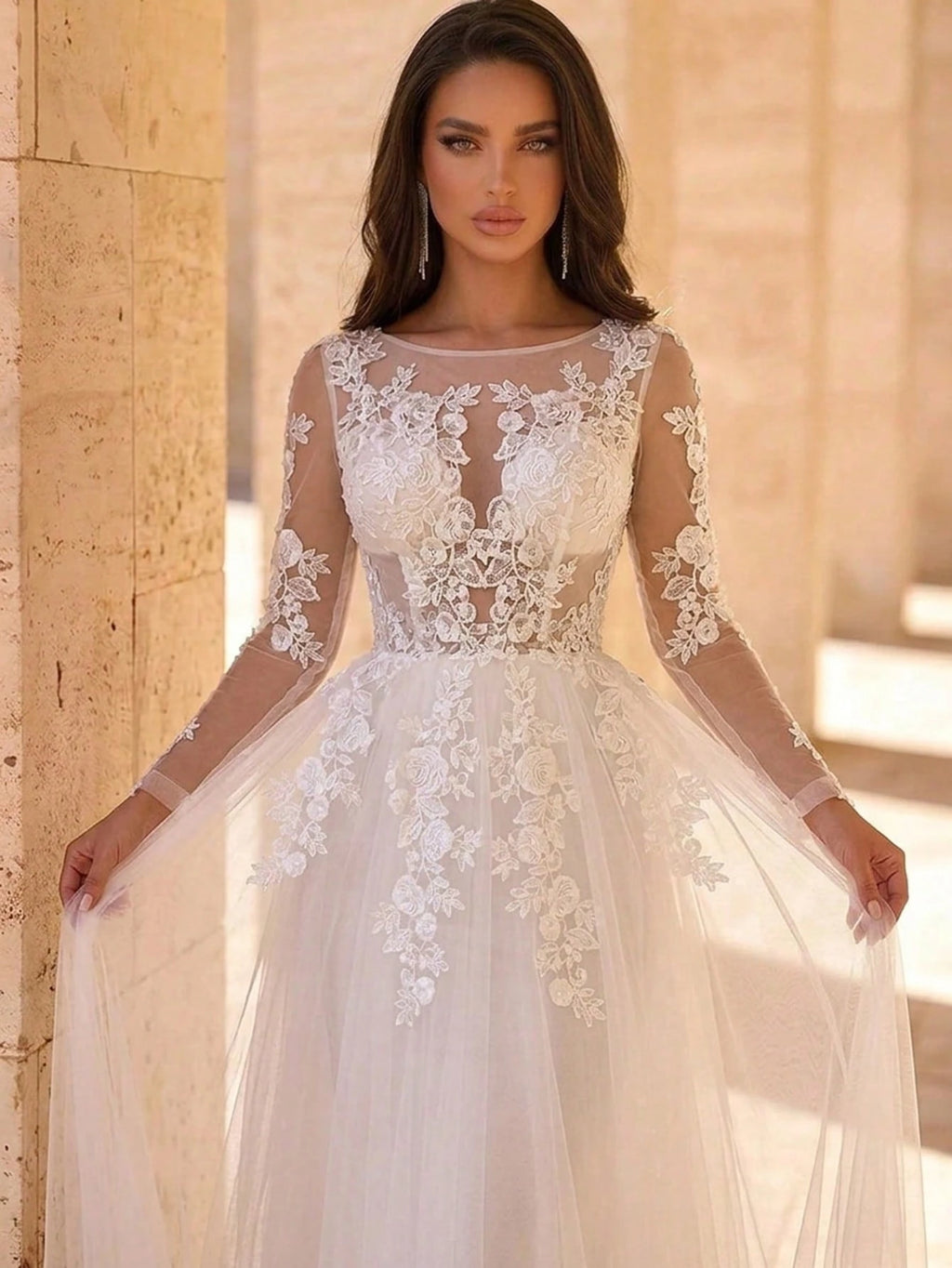 Glamrae Elegant Luxurious Romantic White V-Neck Sheer Long Sleeve French Lace Patchwork Mesh Ruched Decor - image 2