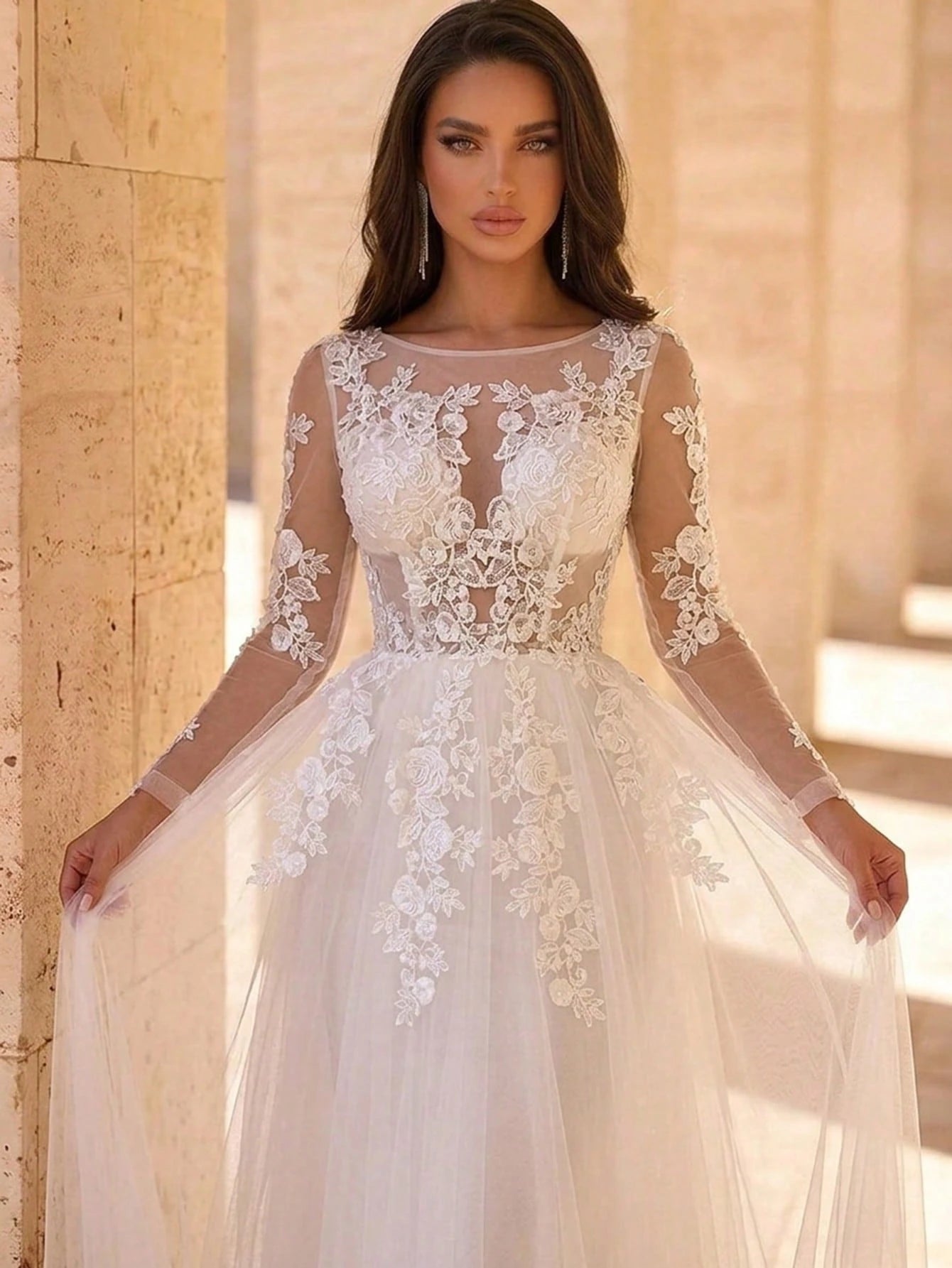 Glamrae Elegant Luxurious Romantic White V-Neck Sheer Long Sleeve French Lace Patchwork Mesh Ruched Decor - image 2