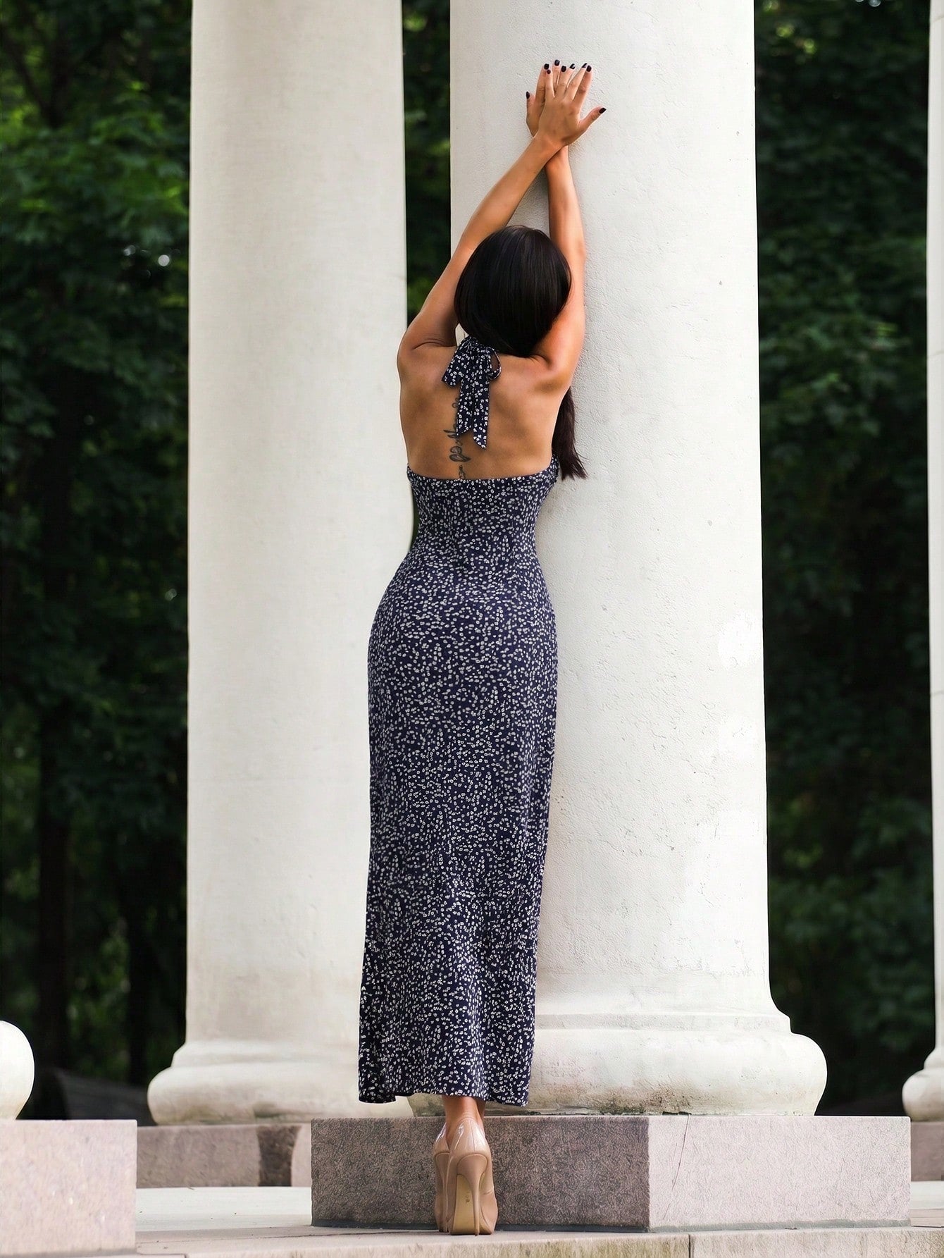 Firerie Women's Navy Blue Floral Deep V-Neck Halter High Slit Maxi Dress,Summer French-Style Vacation Elegant - image 6