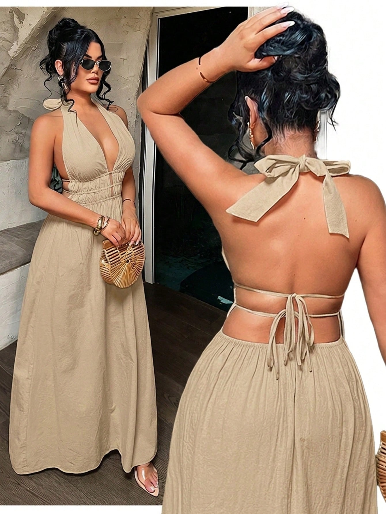SXY Women's Sleeveless Halter Neck Backless Vacation Dress Yellow
