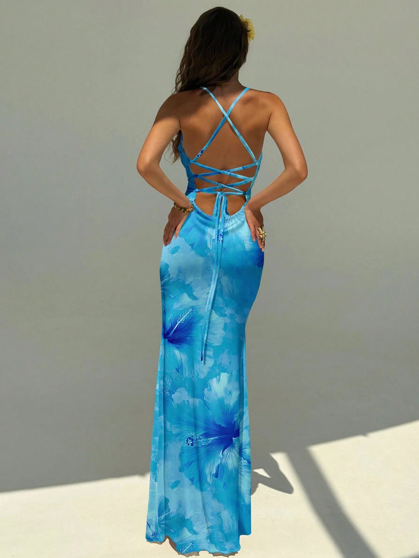Aloruh Women's Elegant Orange Hibiscus Print Backless Tie Strap Dress,Orange And Yellow,Summer,Boho,Beach - image 17