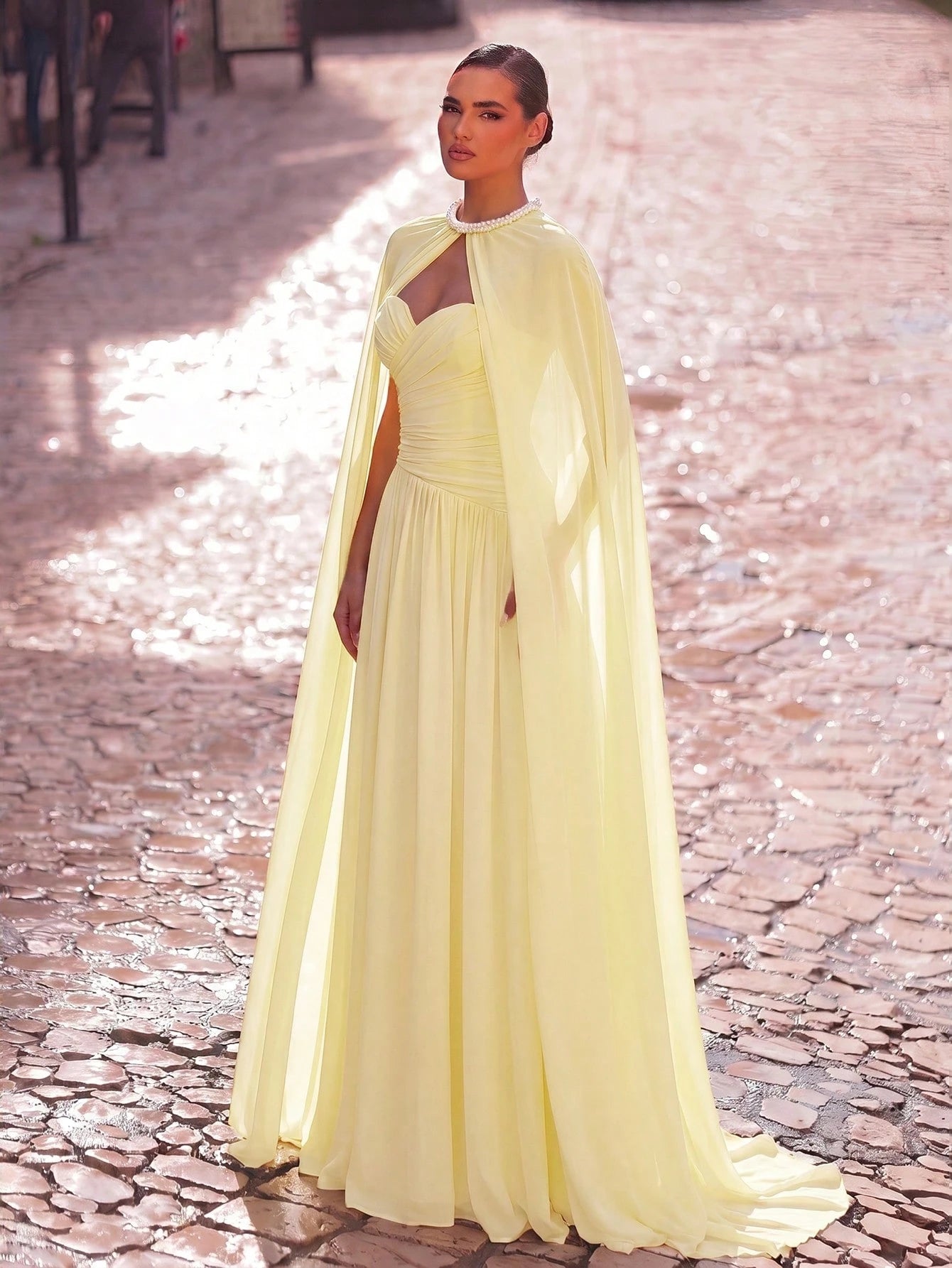 Aureia Elegant, , Fashionable Apricot Chiffon Halter Shawl Ruched Decor A-Line Dress, Party Wedding Guest And - image 17