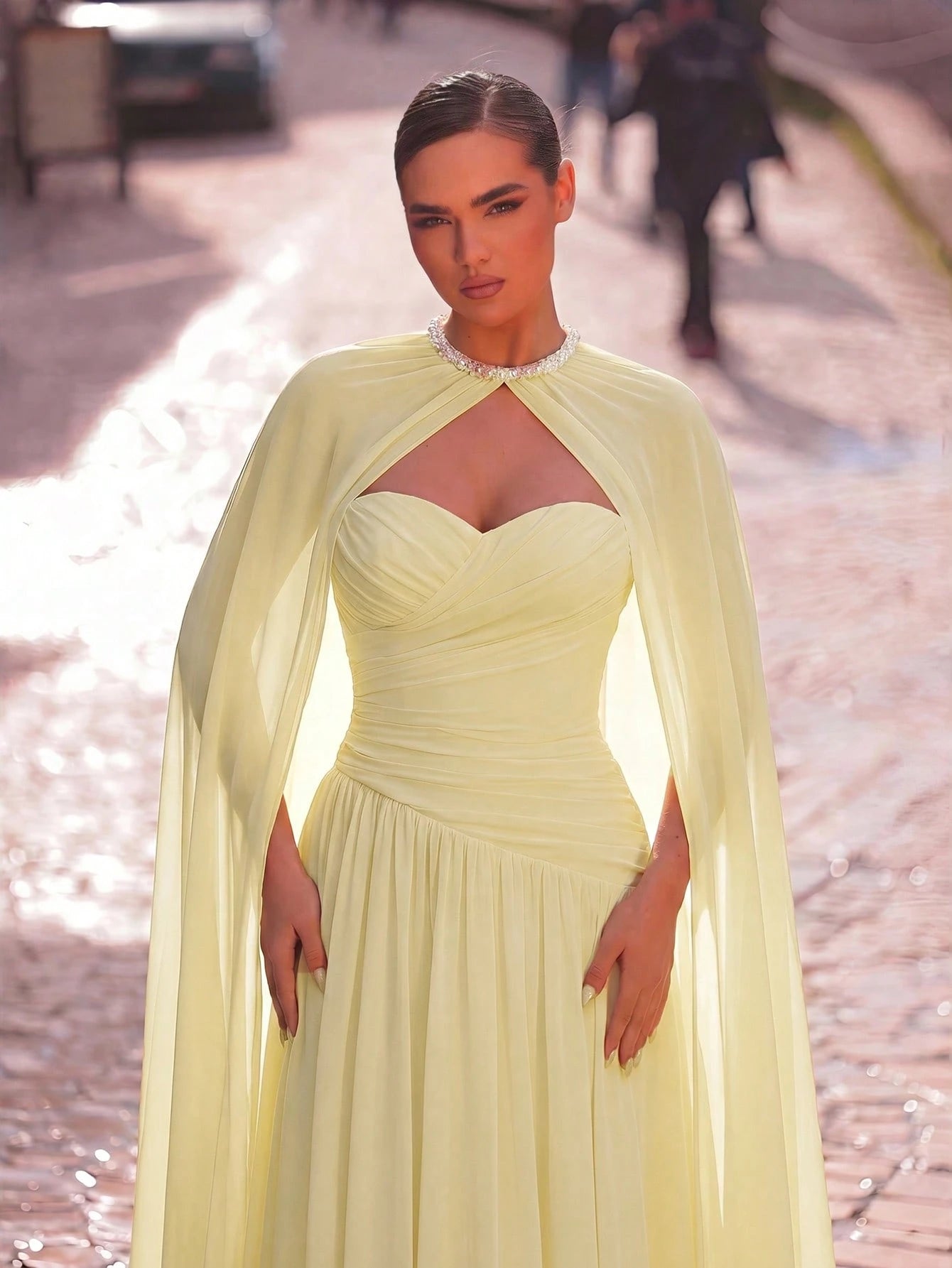 Aureia Elegant, , Fashionable Apricot Chiffon Halter Shawl Ruched Decor A-Line Dress, Party Wedding Guest And - image 18