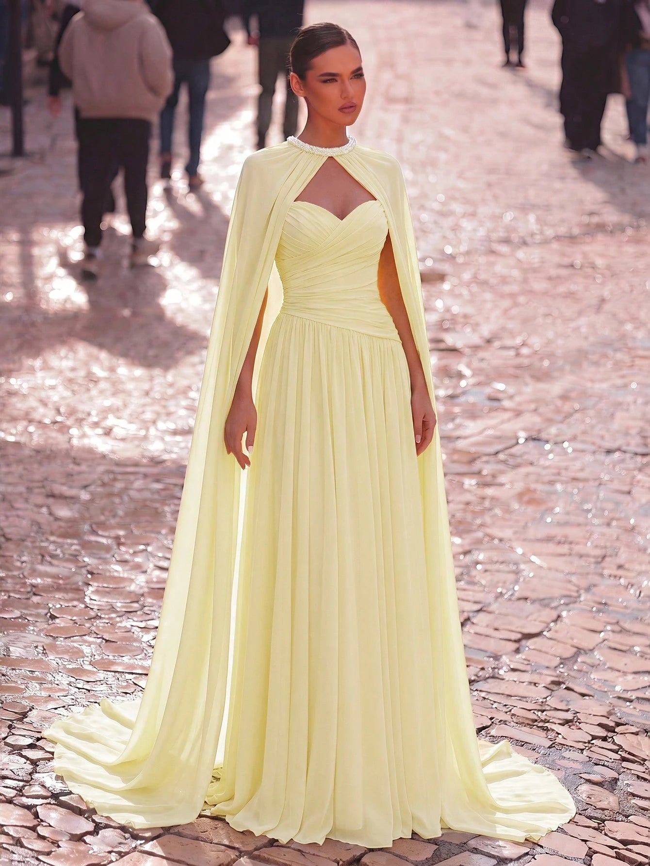 Aureia Elegant, , Fashionable Apricot Chiffon Halter Shawl Ruched Decor A-Line Dress, Party Wedding Guest And - image 20