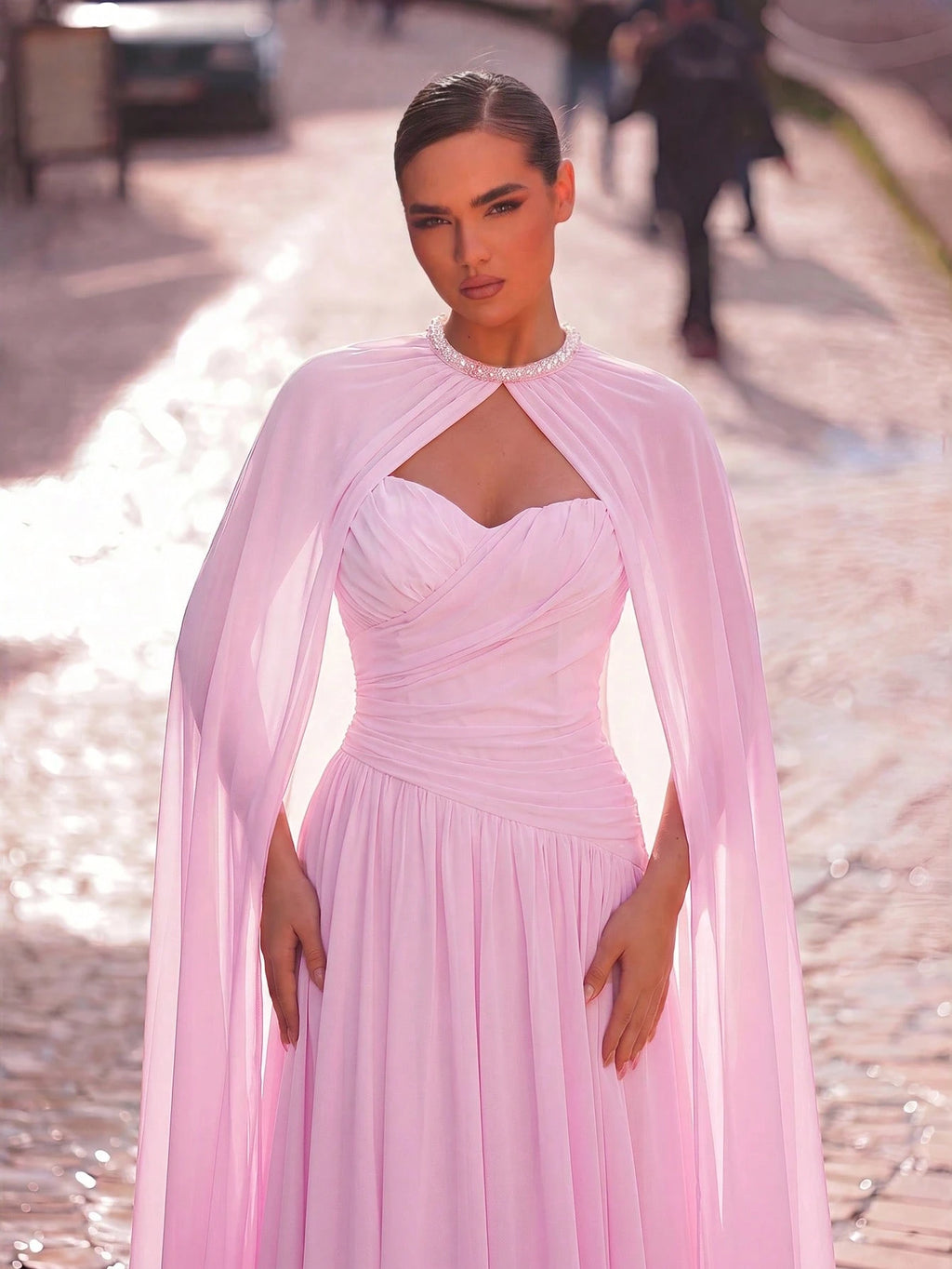 Aureia Elegant, , Fashionable Apricot Chiffon Halter Shawl Ruched Decor A-Line Dress, Party Wedding Guest And - image 8