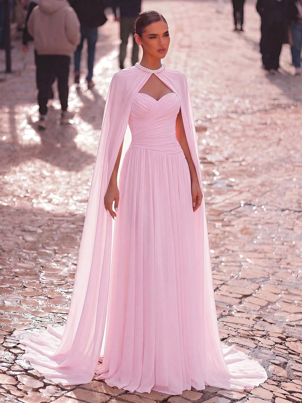 Aureia Elegant, , Fashionable Apricot Chiffon Halter Shawl Ruched Decor A-Line Dress, Party Wedding Guest And - image 10