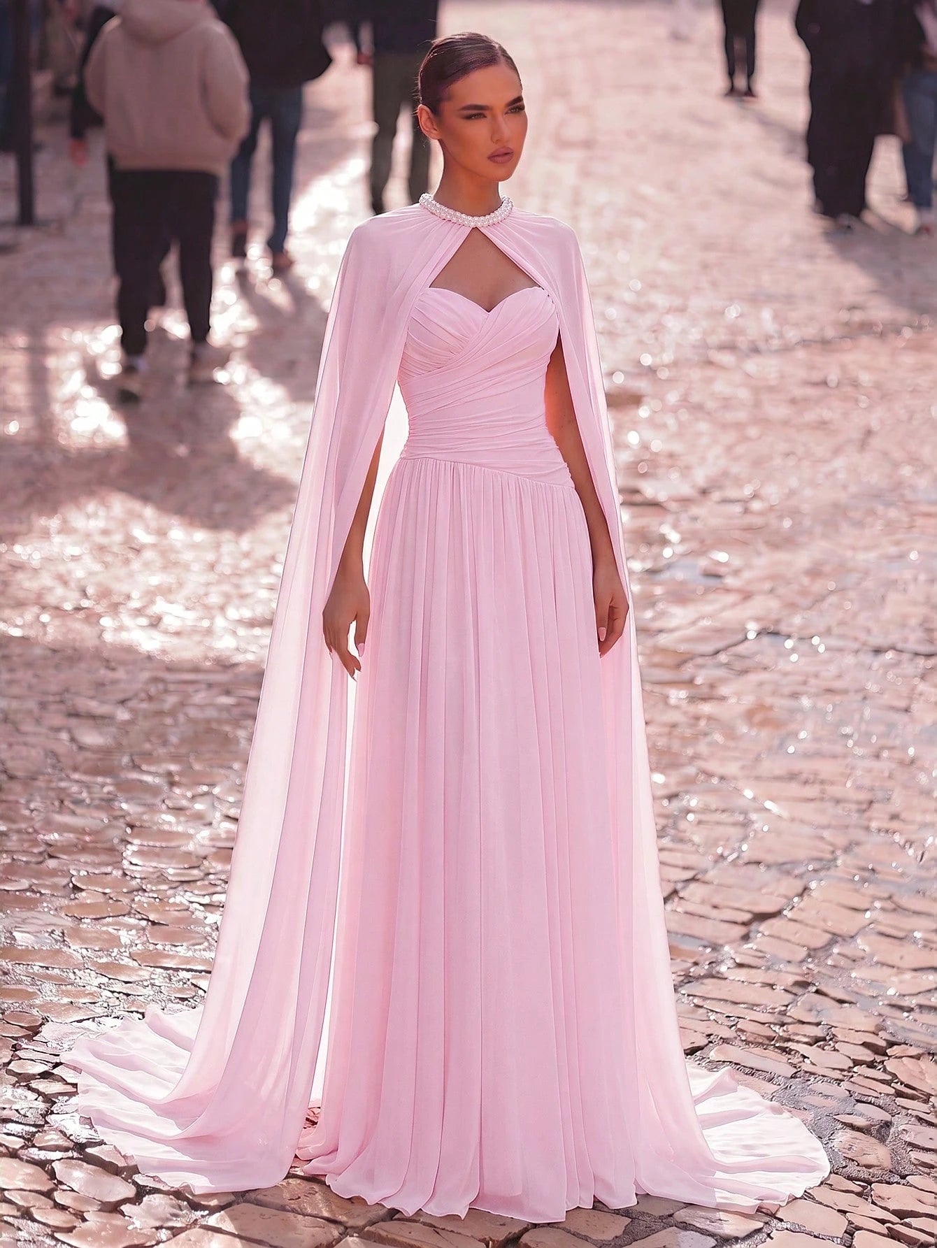 Aureia Elegant, , Fashionable Apricot Chiffon Halter Shawl Ruched Decor A-Line Dress, Party Wedding Guest And - image 10