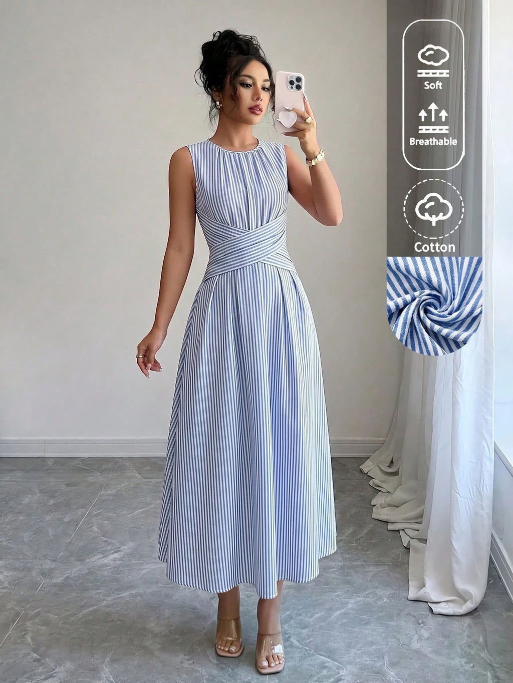 Louniche Women's Summer Blue And White Striped Fabric Round Neck