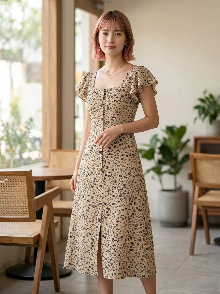 PETITE Women's Ditsy Floral Square Neck Ruffle Sleeve Split Hem Maxi