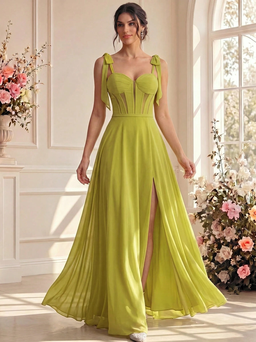 New Luxury Sexy Elegant Elegant Solid Color High Slit Bridesmaid Evening Dress Wedding Yellow - image 7
