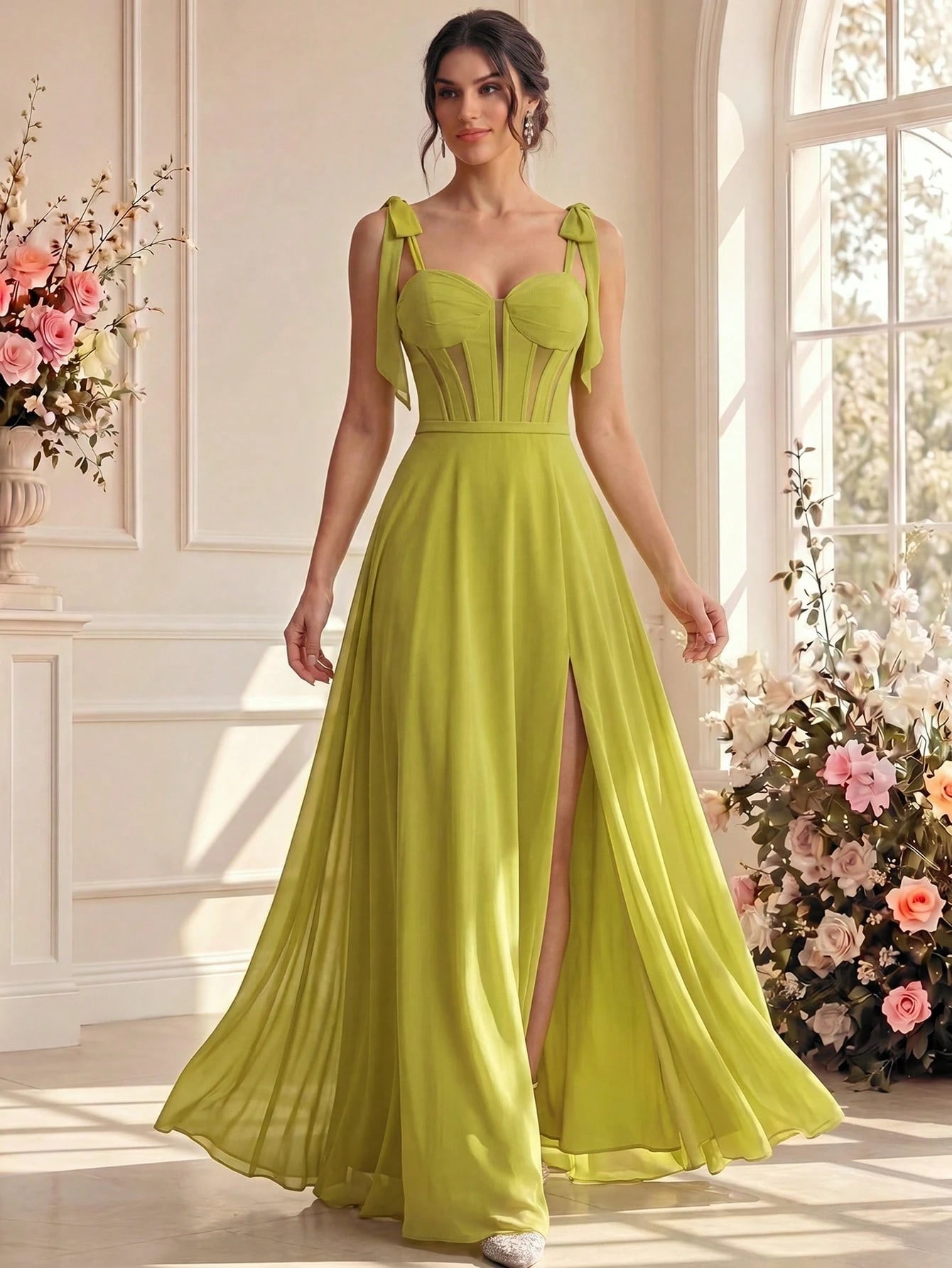 New Luxury Sexy Elegant Elegant Solid Color High Slit Bridesmaid Evening Dress Wedding Yellow - image 7