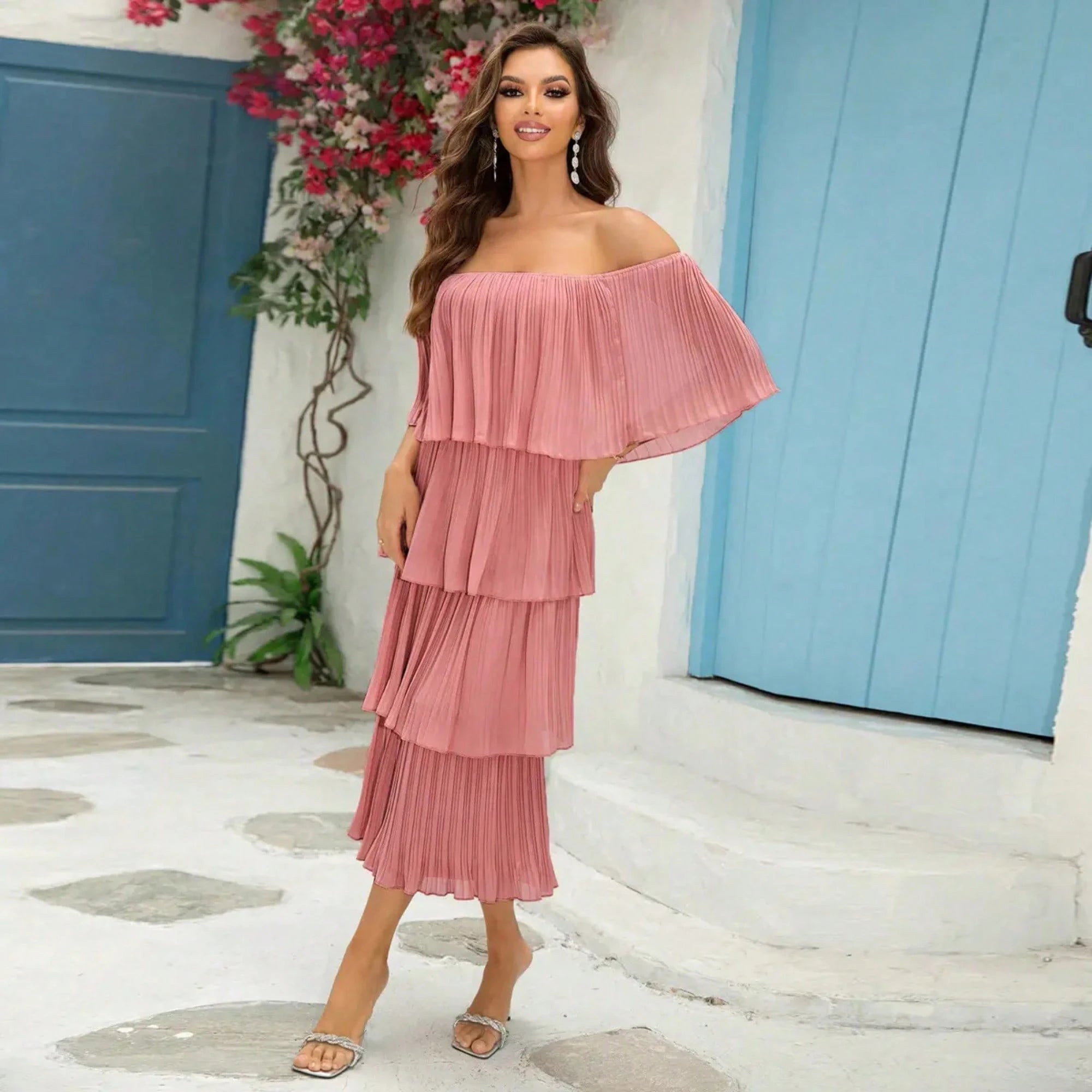Women's Solid Color Off Shoulder Ruffle Hem Casual Elegant Vacation Wedding Guest Chiffon Midi Dress