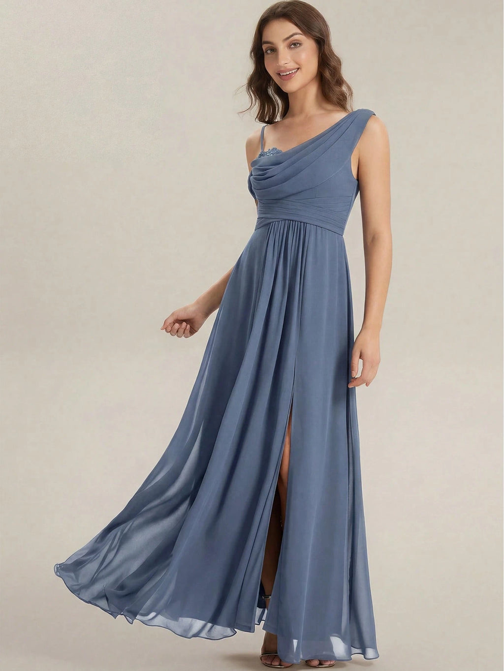 EVERPRETTY Elegant Chiffon Bridesmaid Dress, Pleated Neckline, Embroidered Floral, Long Length, Suitable For - image 4
