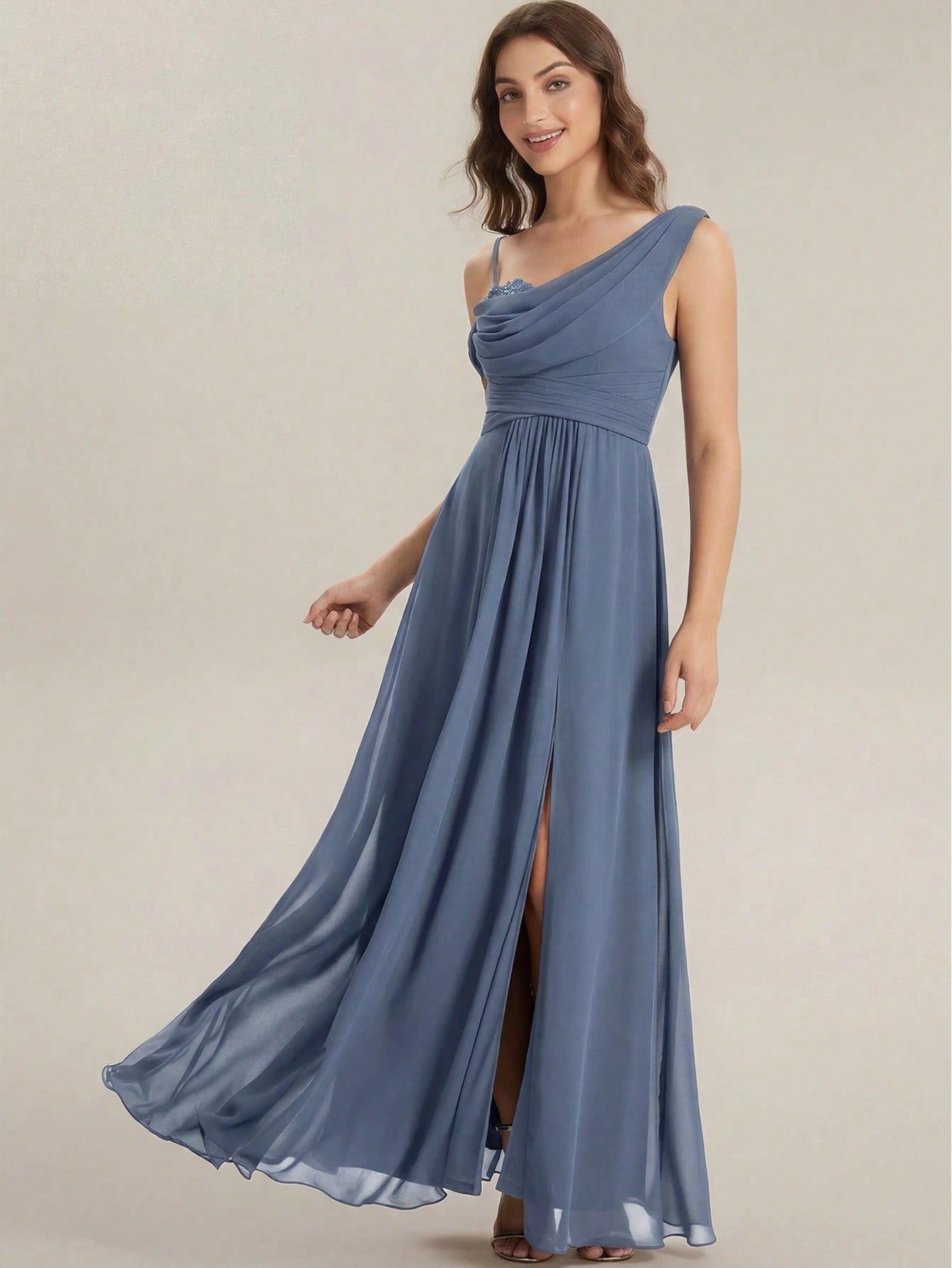 EVERPRETTY Elegant Chiffon Bridesmaid Dress, Pleated Neckline, Embroidered Floral, Long Length, Suitable For - image 4