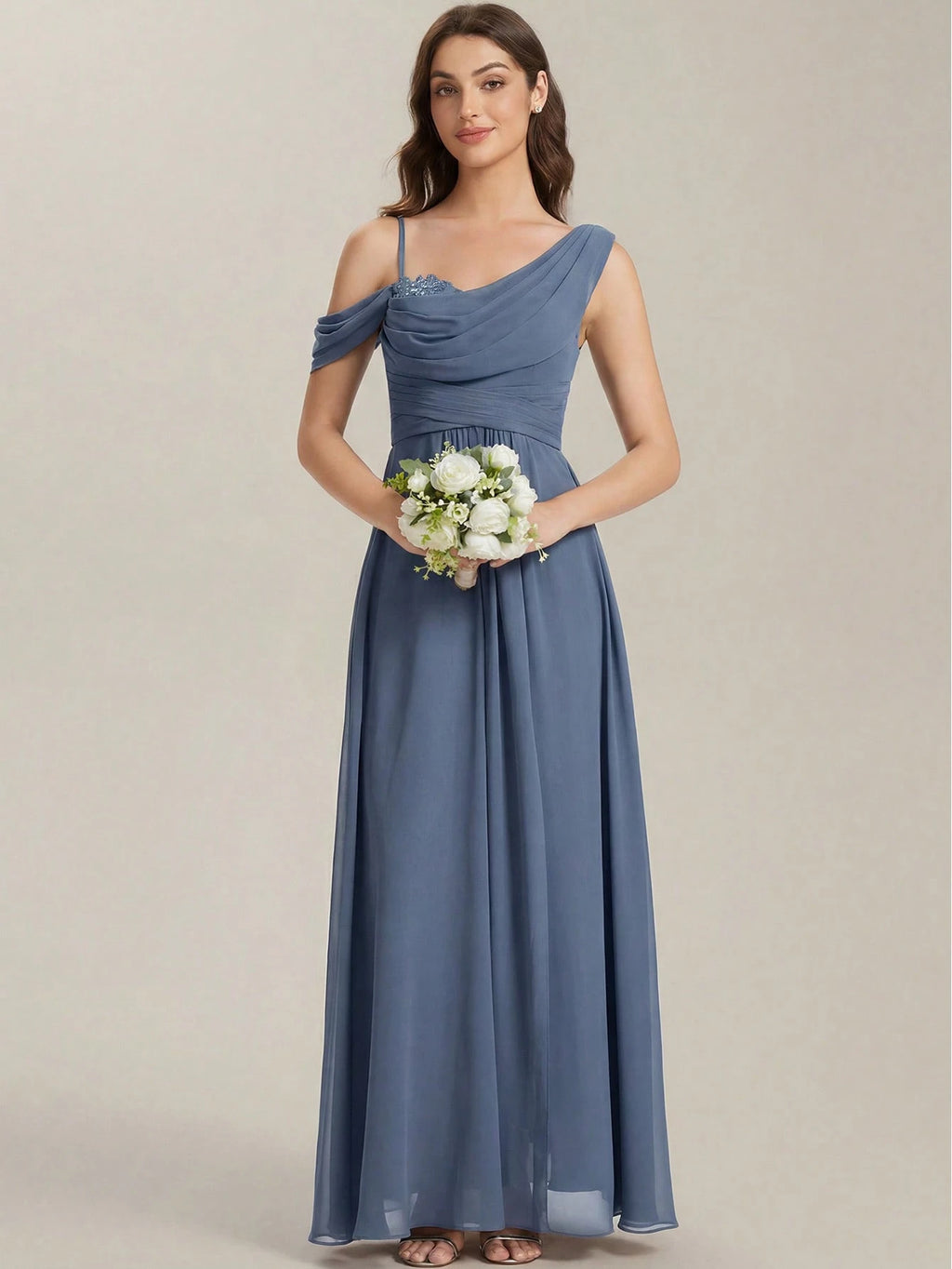 EVERPRETTY Elegant Chiffon Bridesmaid Dress, Pleated Neckline, Embroidered Floral, Long Length, Suitable For - image 5