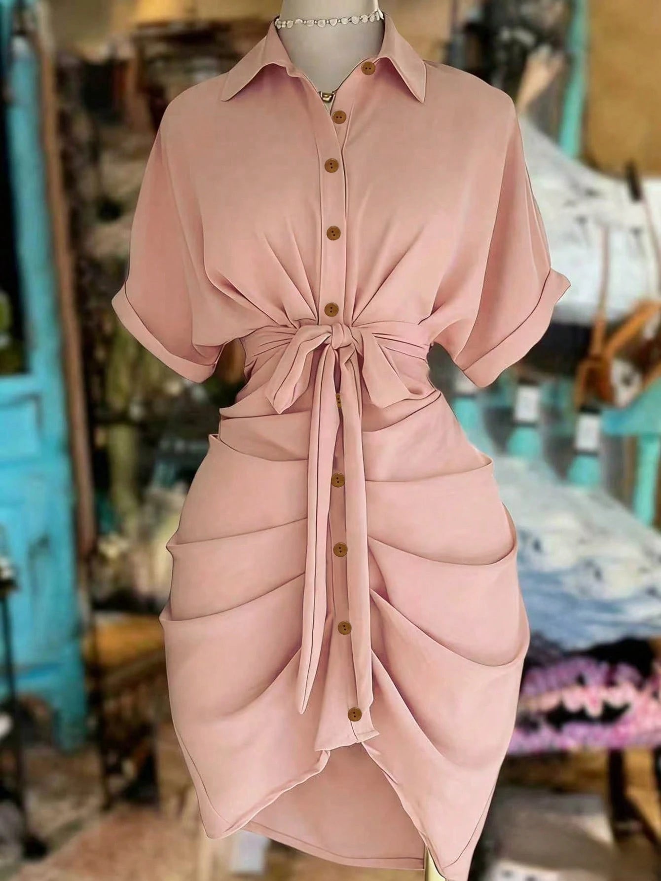 EMERY ROSE Collared Single-Breasted Tie-Waist Short Sleeve Shirt Dress