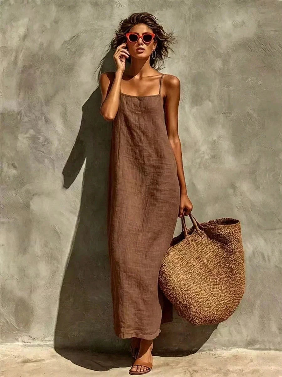 KZKZWK Women's Linen Blend Slip Maxi Dress, Square Neck Sleeveless