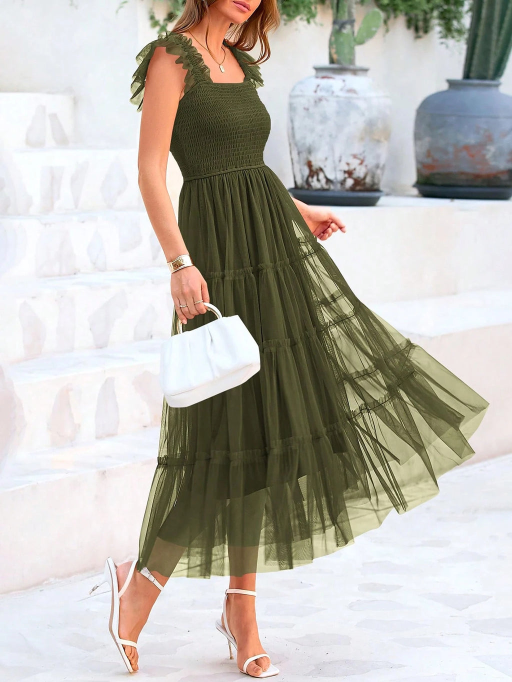 Women's Summer Mid-Length Dress Casual Sleeveless Pleats Ruffled Tulle Flowing New Year Party Wedding Guest
