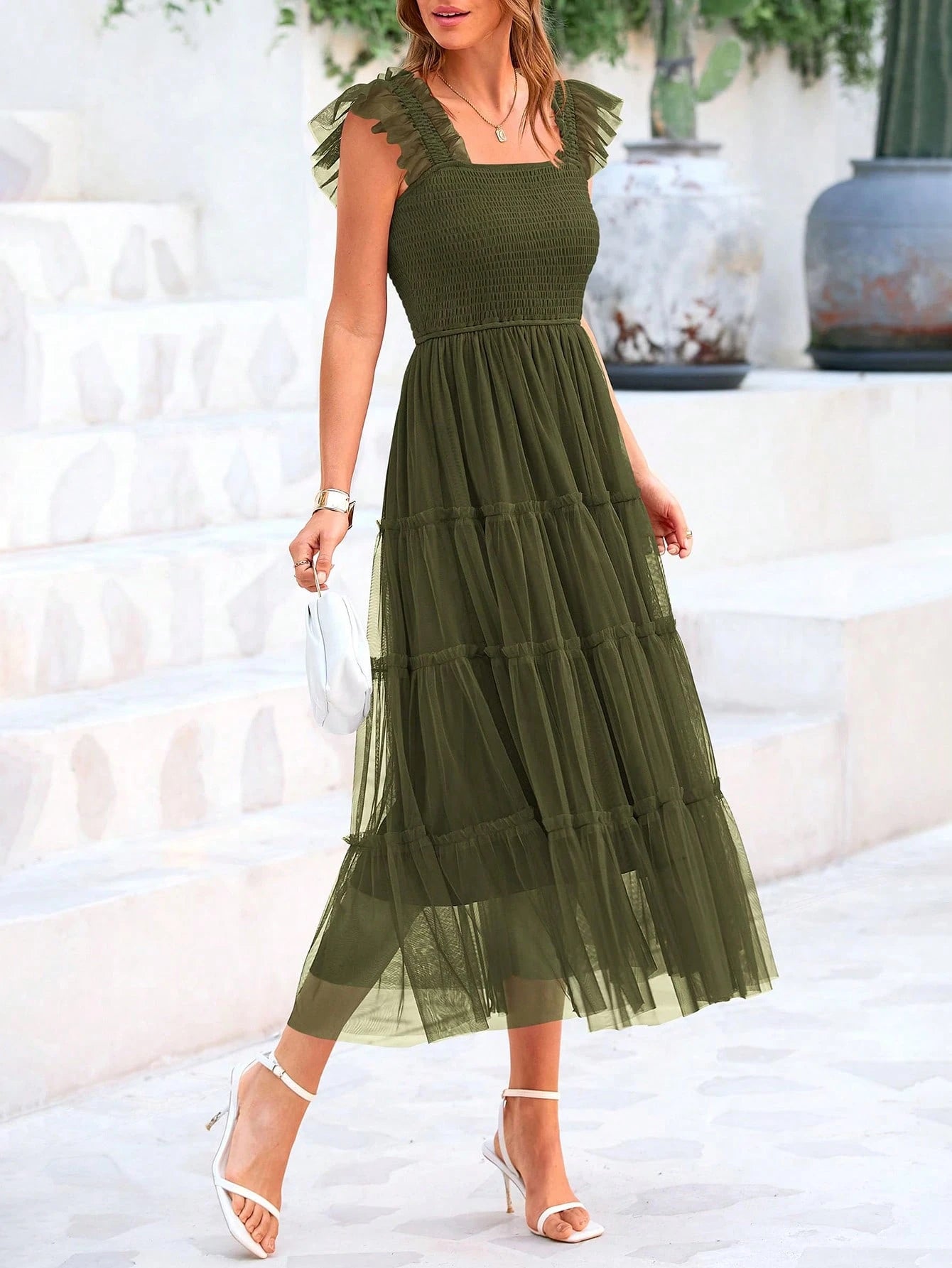 Women's Summer Mid-Length Dress Casual Sleeveless Pleats Ruffled Tulle Flowing New Year Party Wedding Guest - image 7