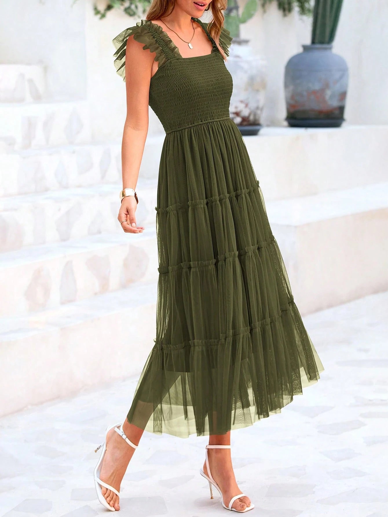 Women's Summer Mid-Length Dress Casual Sleeveless Pleats Ruffled Tulle Flowing New Year Party Wedding Guest - image 5
