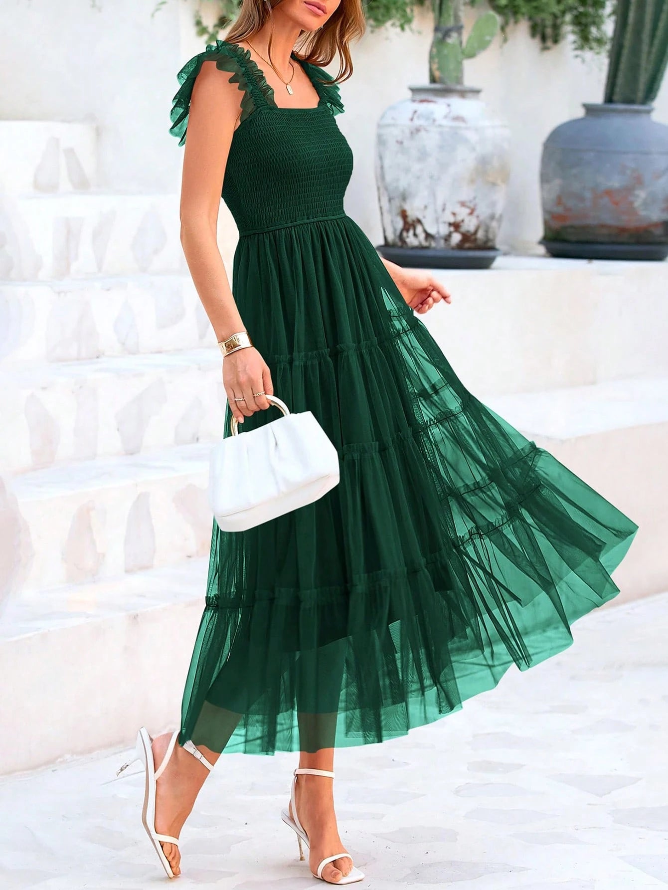 Women's Summer Mid-Length Dress Casual Sleeveless Pleats Ruffled