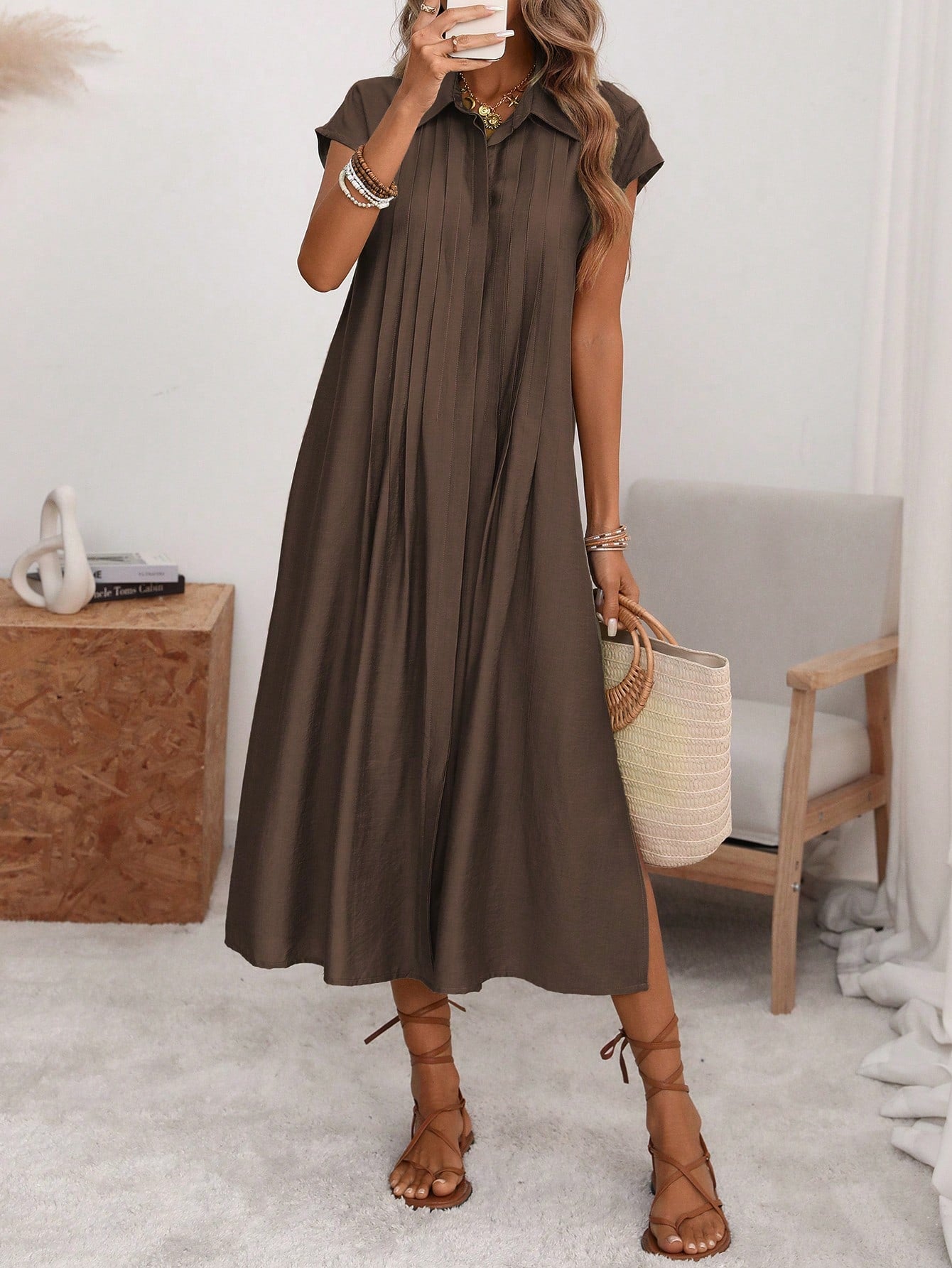 Florisole Women's Shirt Collar Button Down Loose Midi Dress,Sage