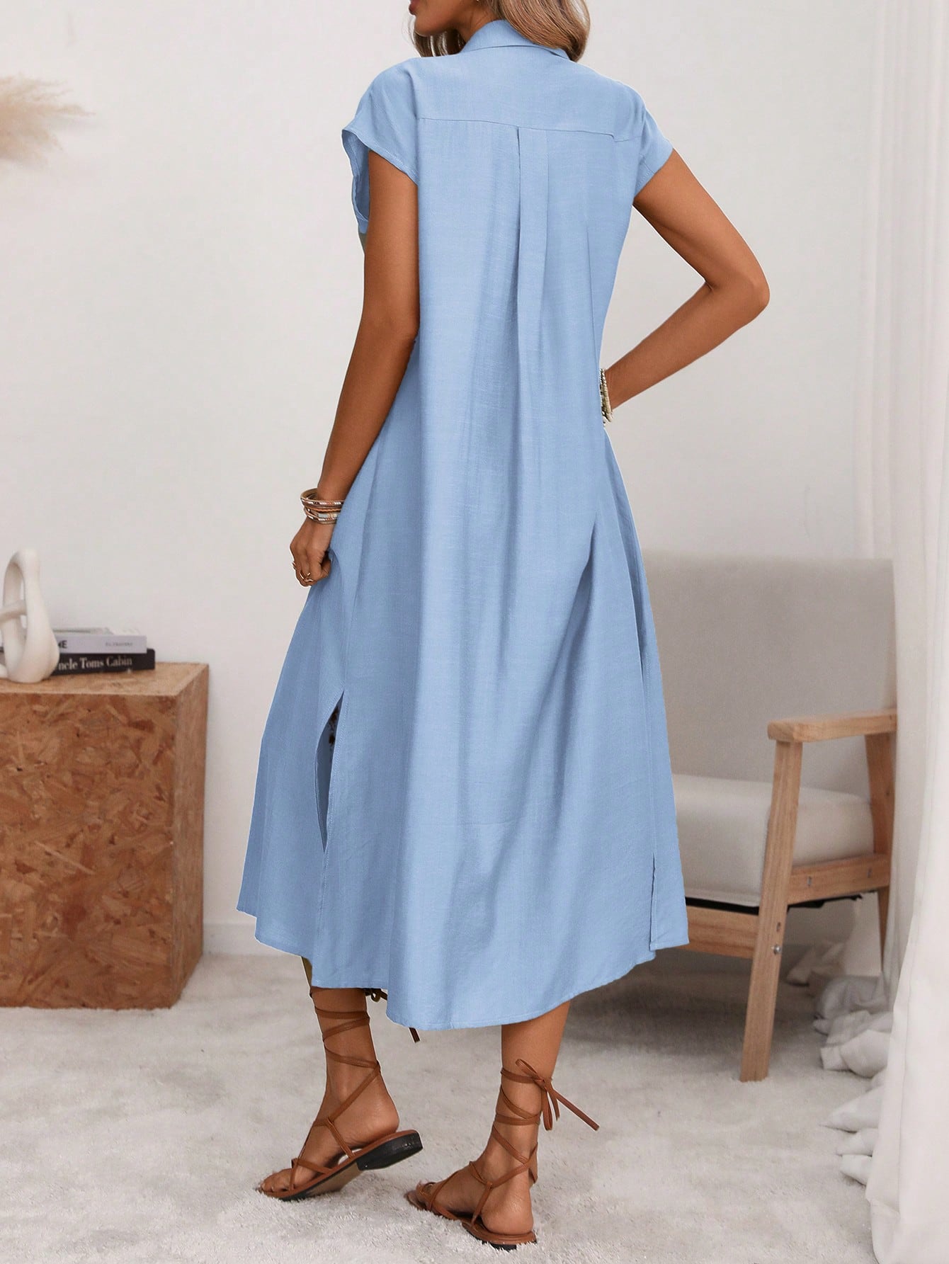 Florisole Women's Shirt Collar Button Down Loose Midi Dress,Sage