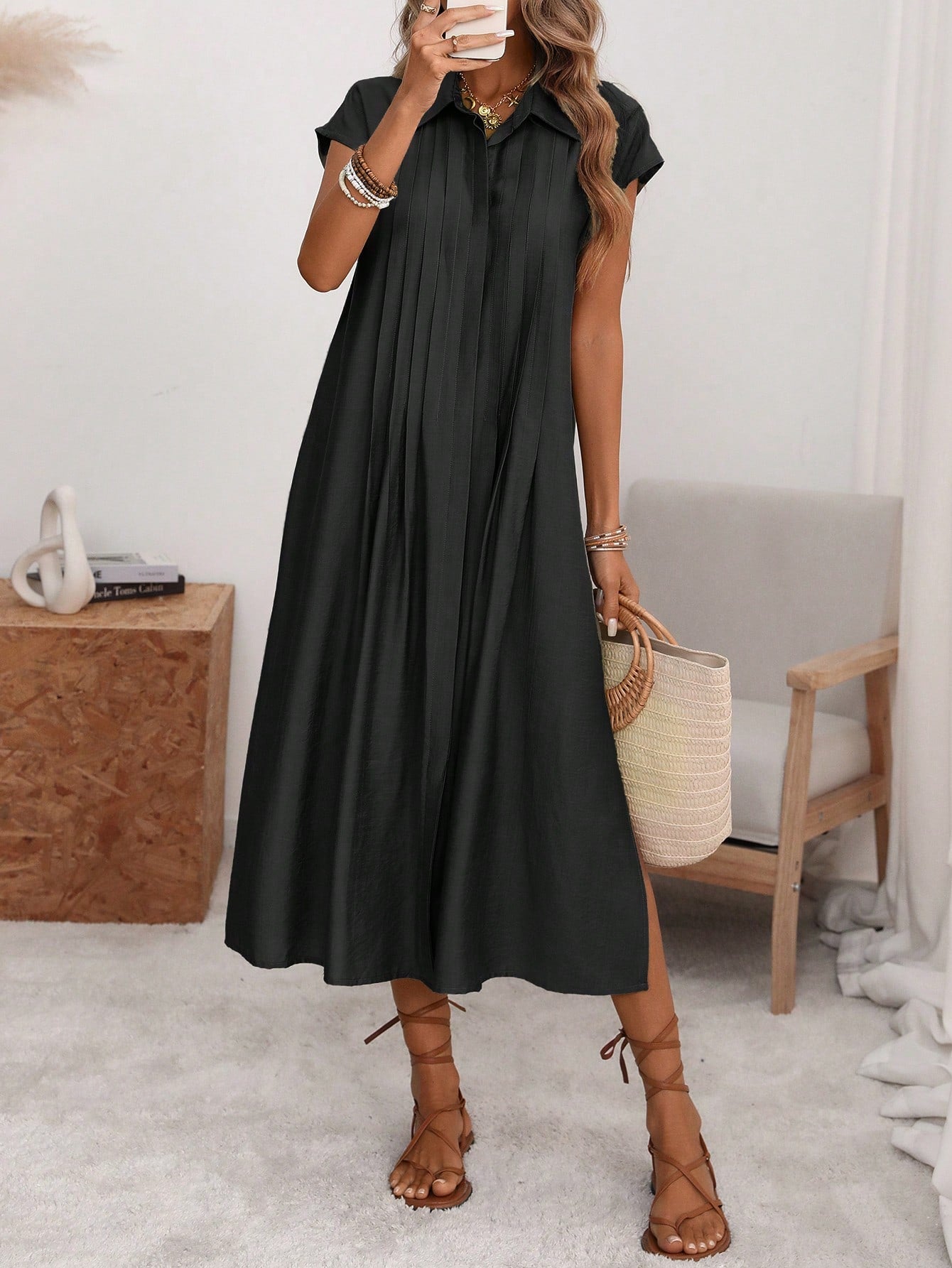 Florisole Women's Shirt Collar Button Down Loose Midi Dress,Sage