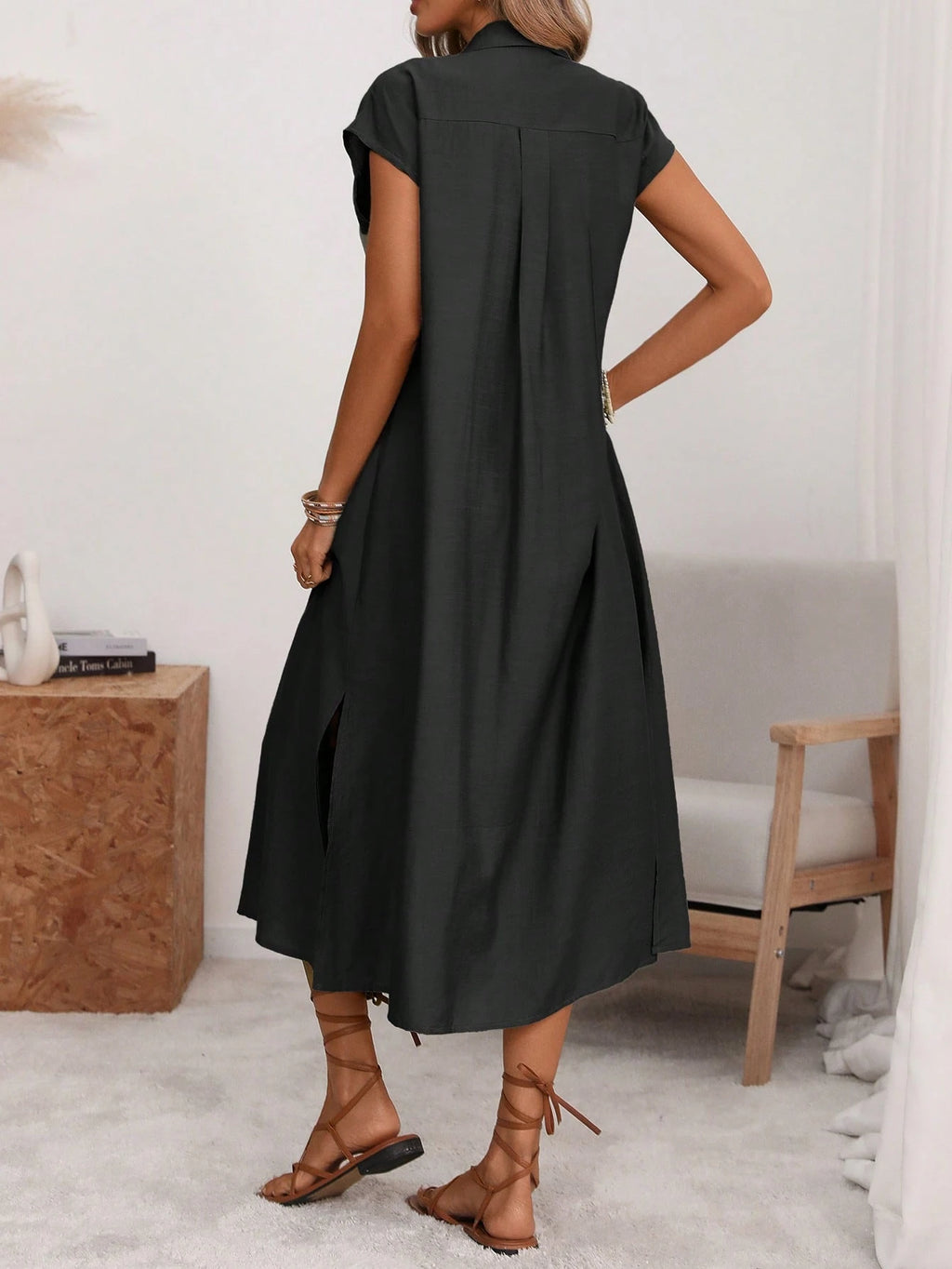 Florisole Women's Shirt Collar Button Down Loose Midi Dress,Sage