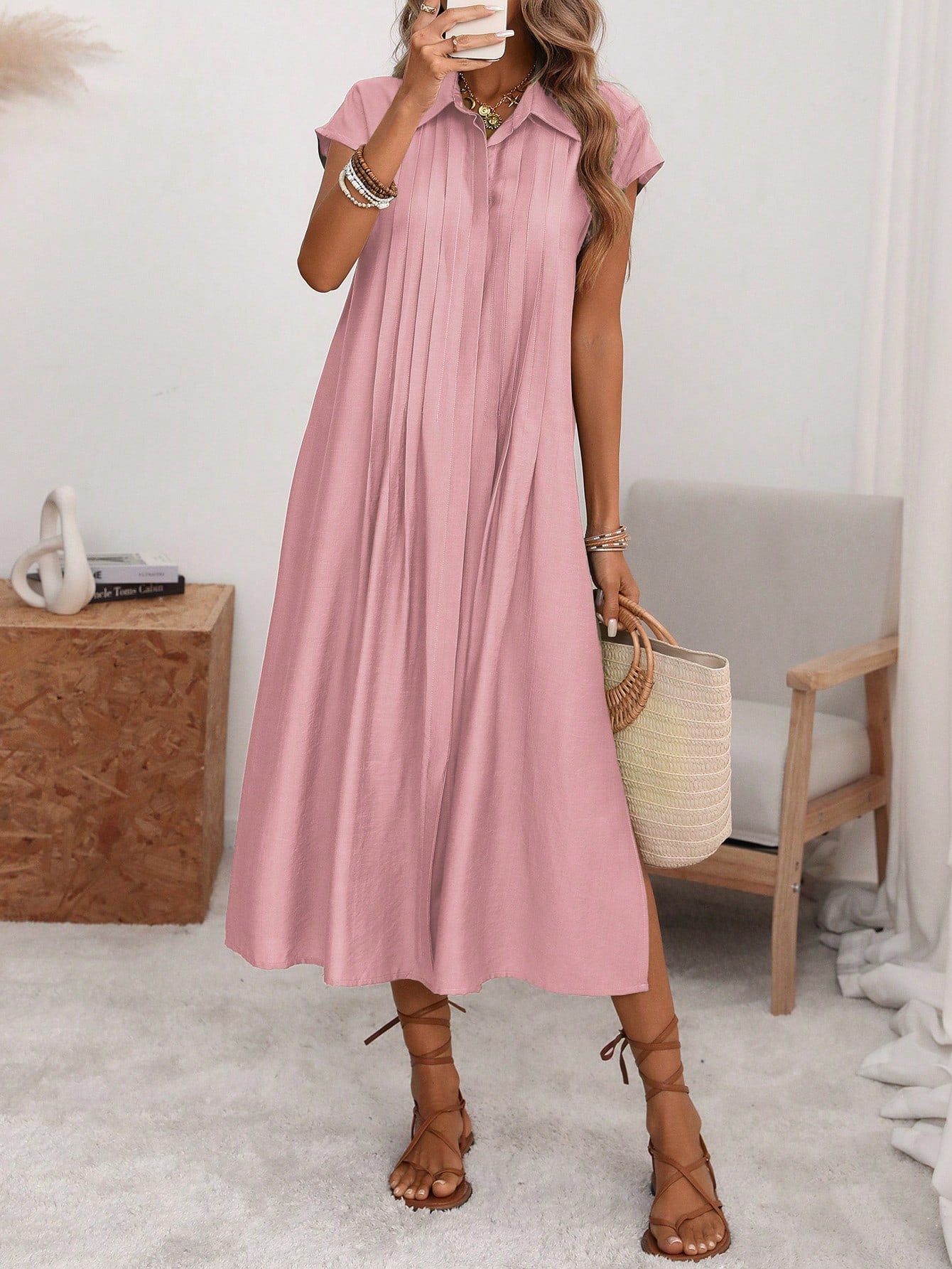 Florisole Women's Shirt Collar Button Down Loose Midi Dress,Sage