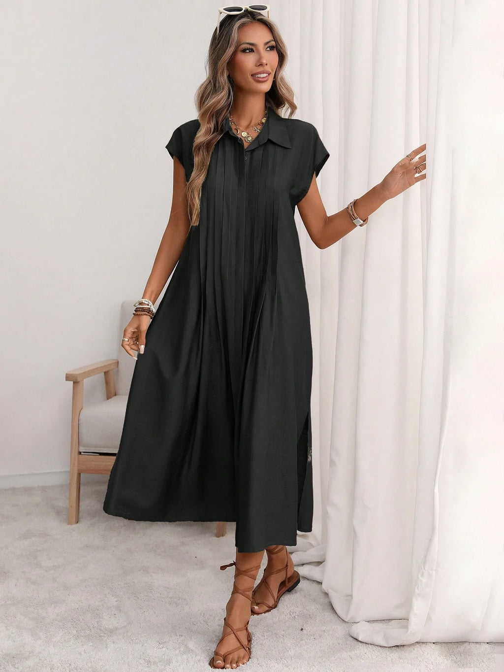 Florisole Women's Shirt Collar Button Down Loose Midi Dress,Sage