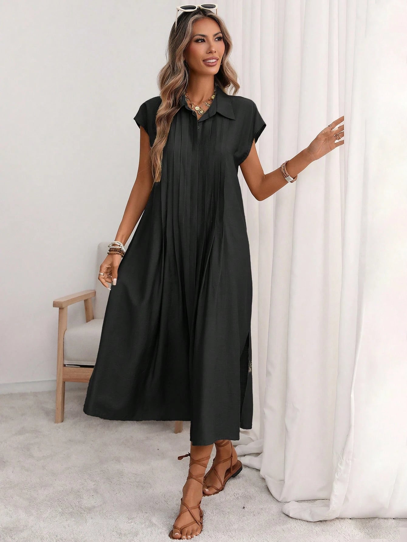 Florisole Women's Shirt Collar Button Down Loose Midi Dress,Sage
