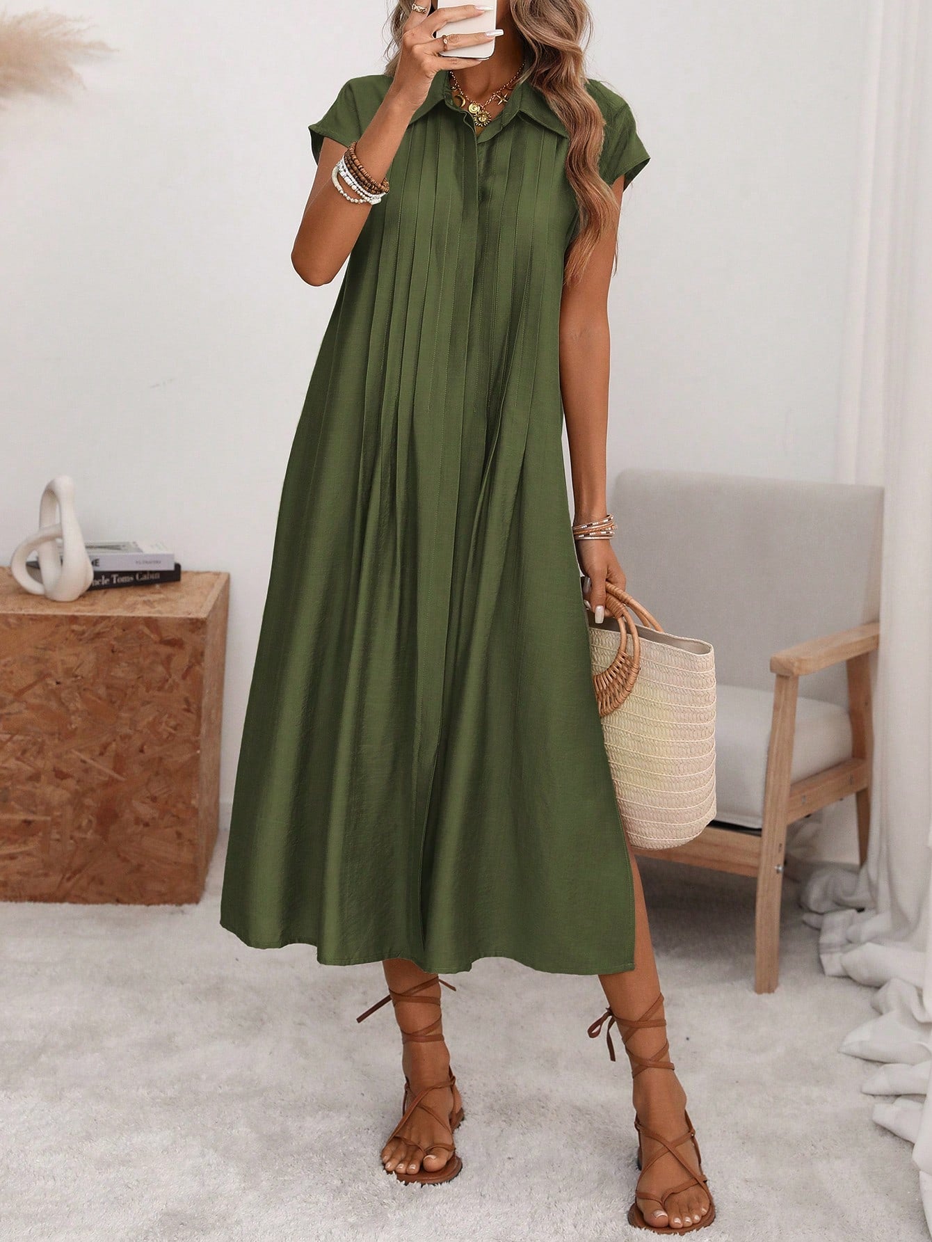Florisole Women's Shirt Collar Button Down Loose Midi Dress,Sage Green,Summer,Casual,Vacation,Holiday,Elegant