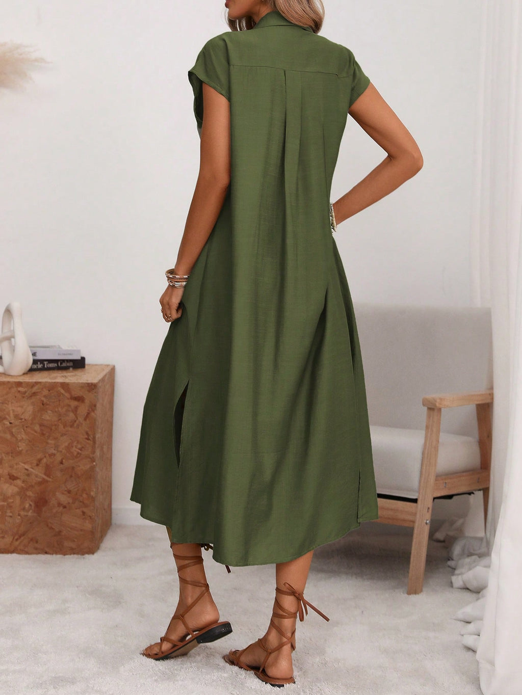 Florisole Women's Shirt Collar Button Down Loose Midi Dress,Sage