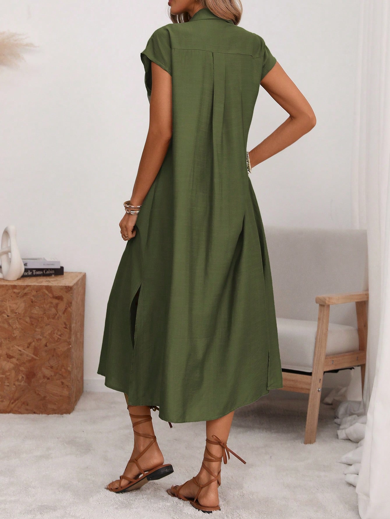 Florisole Women's Shirt Collar Button Down Loose Midi Dress,Sage