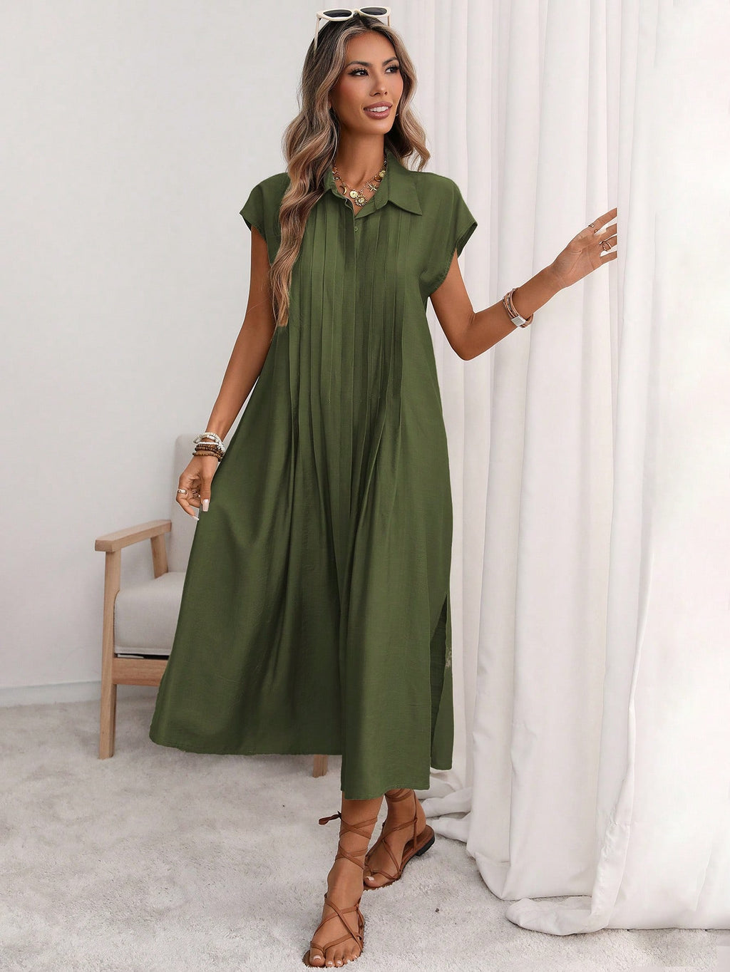 Florisole Women's Shirt Collar Button Down Loose Midi Dress,Sage