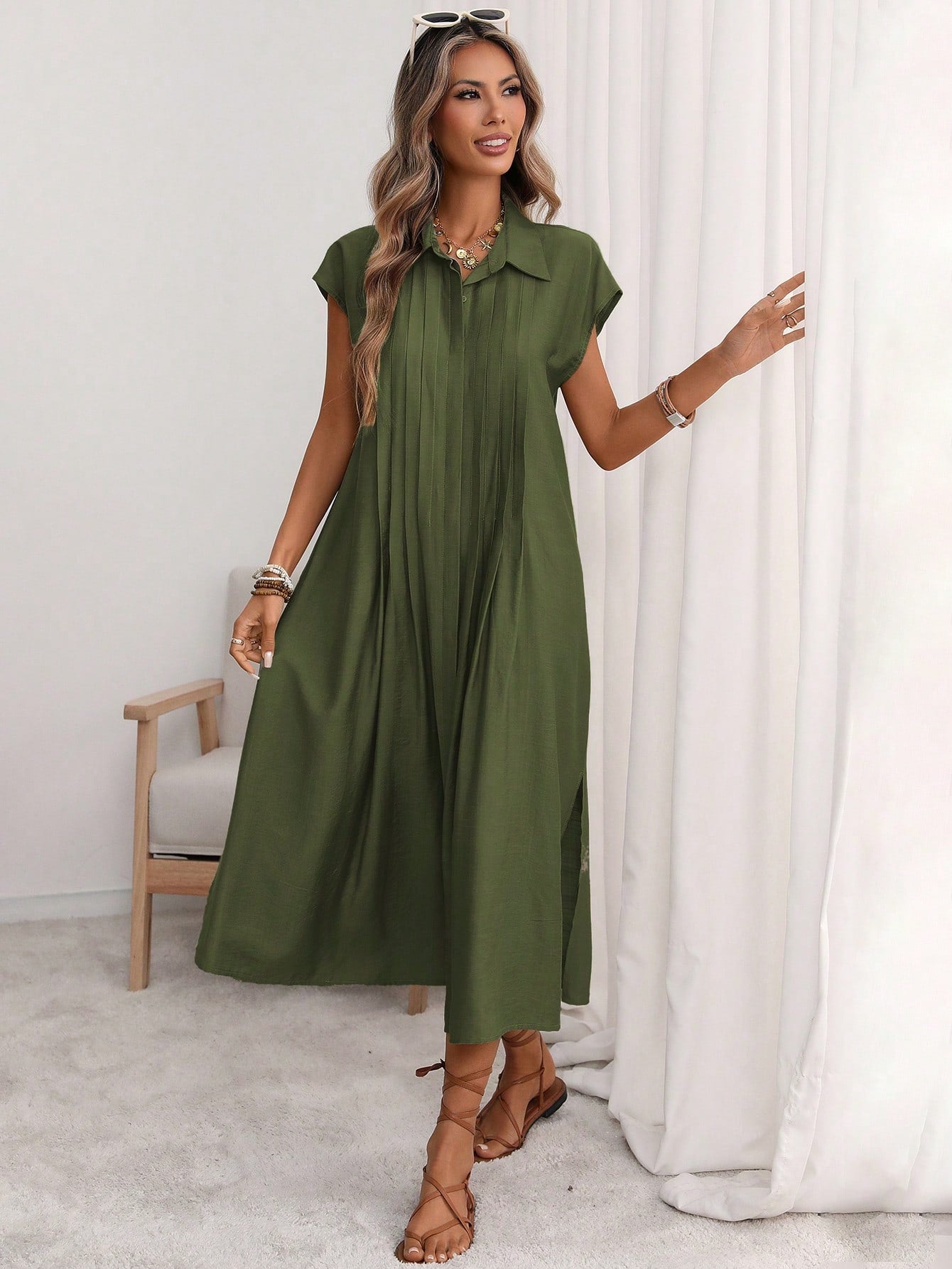 Florisole Women's Shirt Collar Button Down Loose Midi Dress,Sage