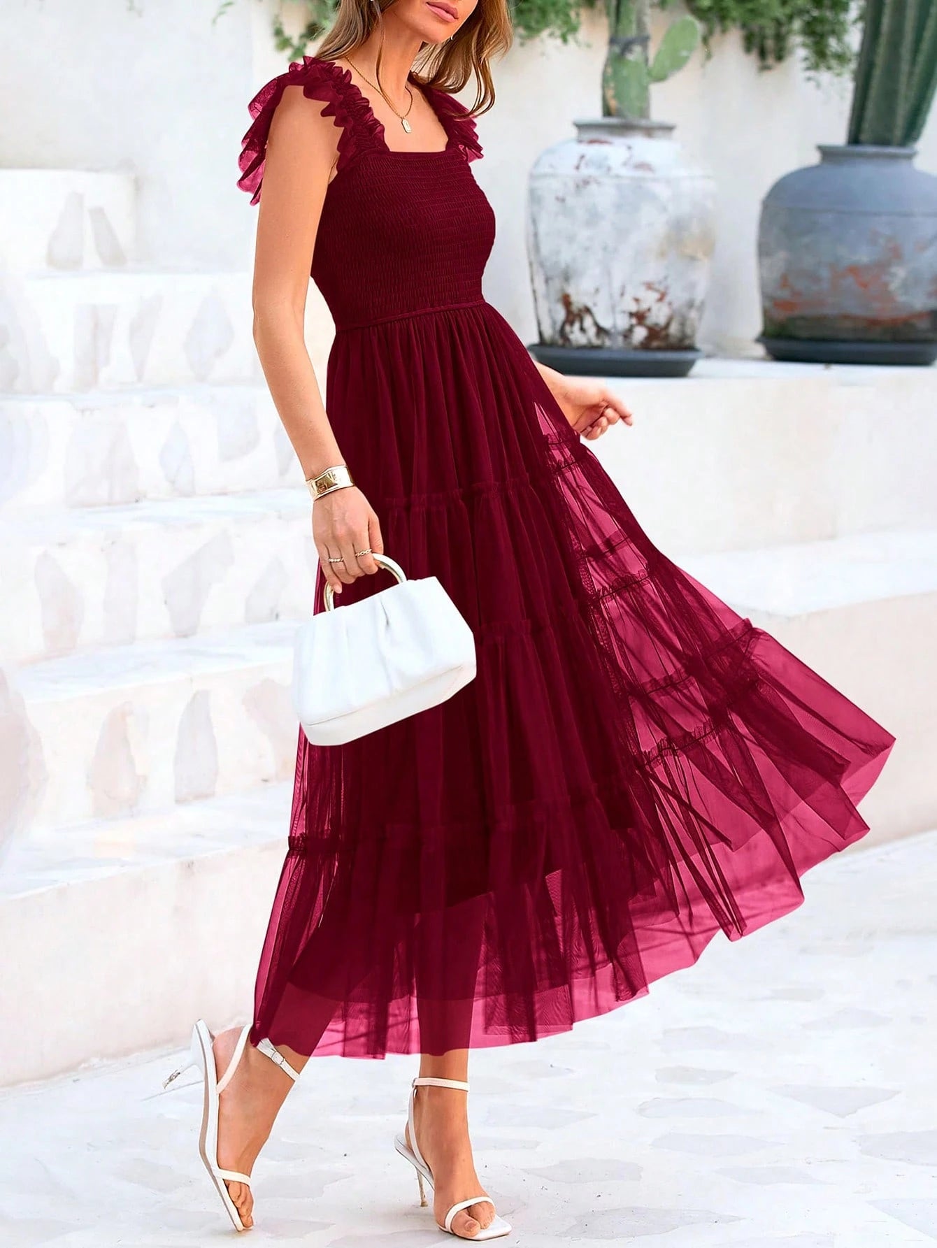 Women's Summer Mid-Length Dress Casual Sleeveless Pleats Ruffled