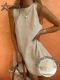 Starfish Women's Fashionable Versatile Minimalist Elegant Khaki Round Neck Sleeveless Dress, Suitable For